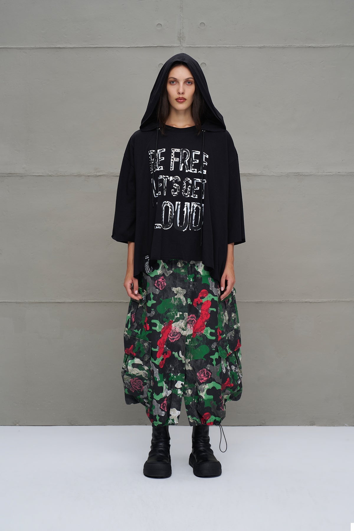 Black Slogan Asymmetric Oversized Hooded T-shirt 18042