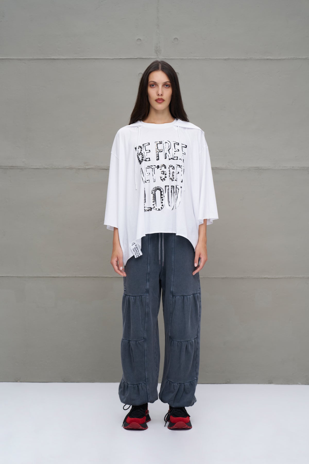 White Slogan Asymmetric Oversized Hooded T-shirt 18042