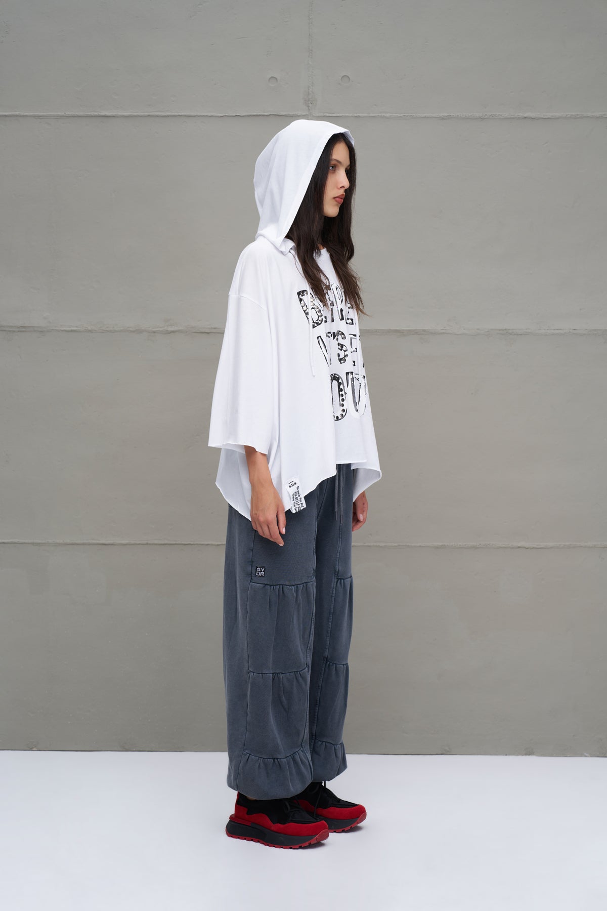 White Slogan Asymmetric Oversized Hooded T-shirt 18042