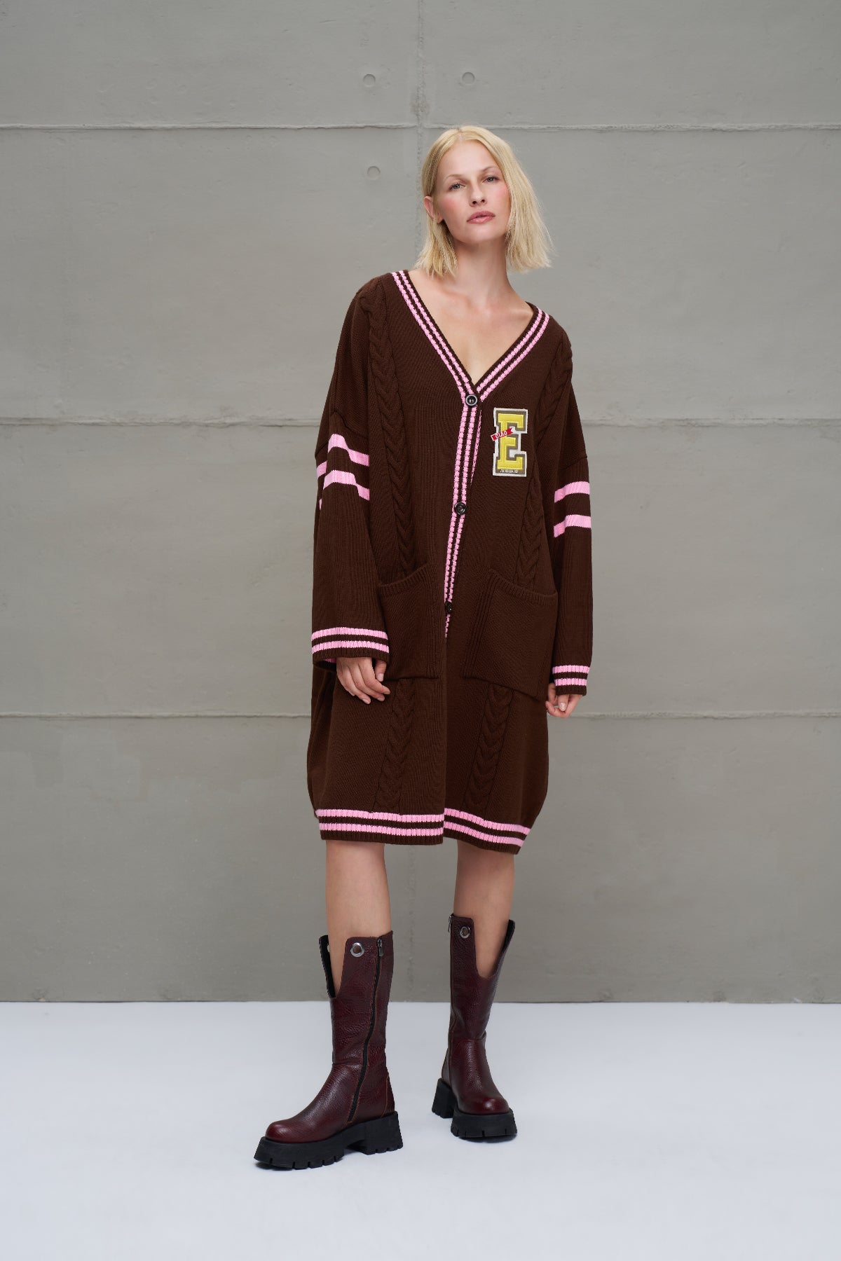 Brown Light Pink Long Oversize Knit Cardigan 18058