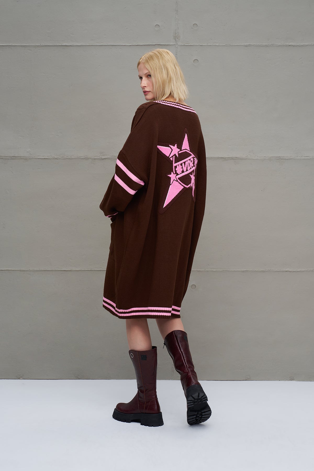 Brown Light Pink Long Oversize Knit Cardigan 18058