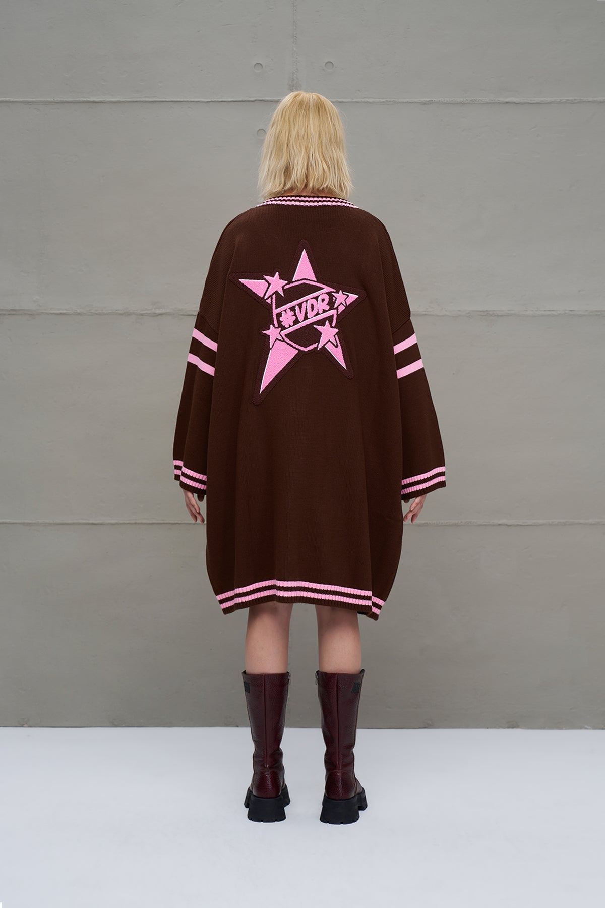 Brown Light Pink Long Oversize Knit Cardigan 18058