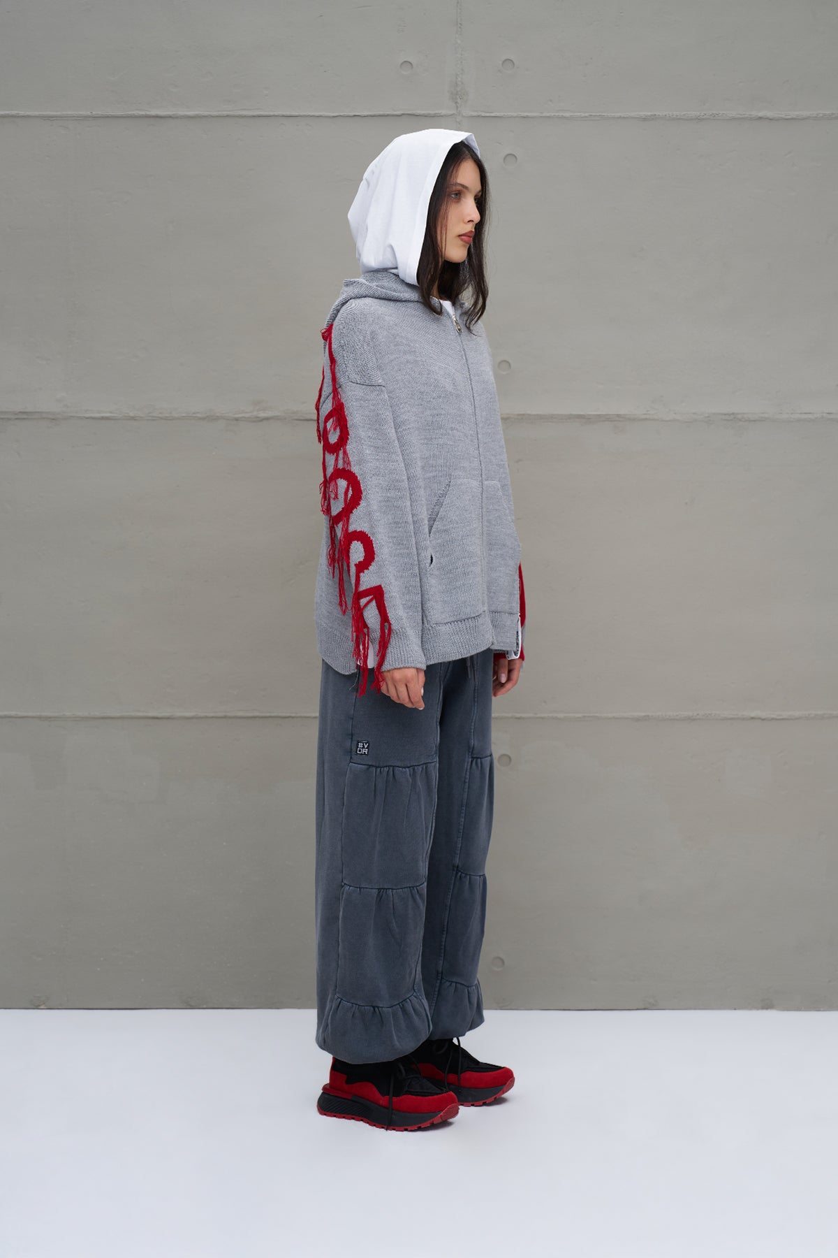 Grey Melange Red Zip-up Oversize Knit Sweater 18070