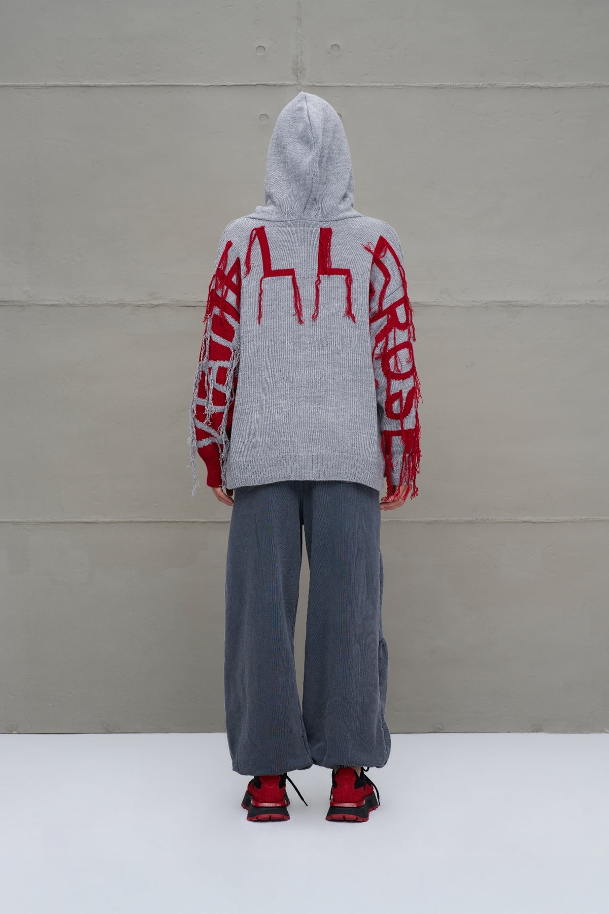 Grey Melange Red Zip-up Oversize Knit Sweater 18070
