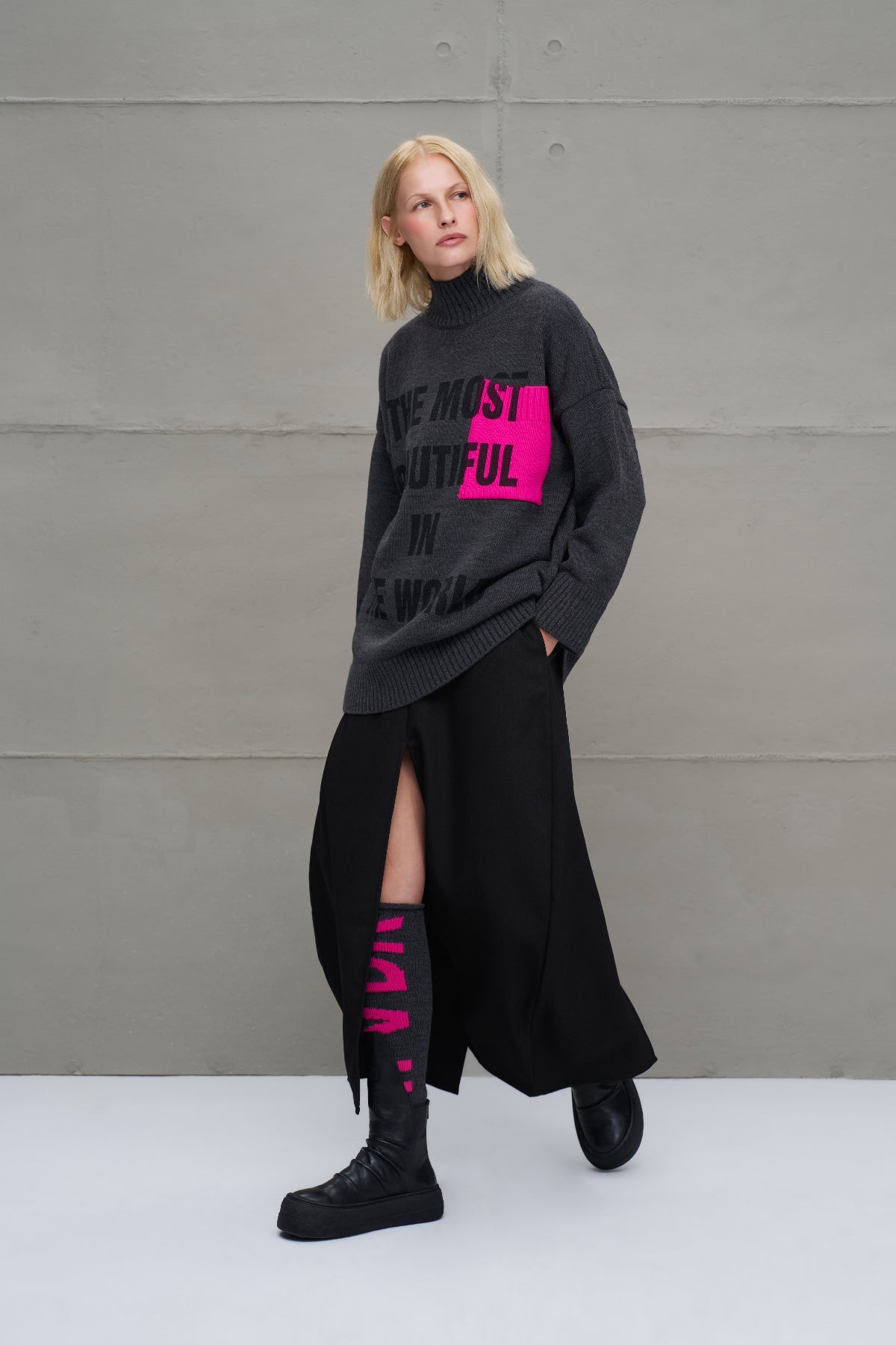 Anthracite Melange Slogan Oversized Knit Sweater 18075