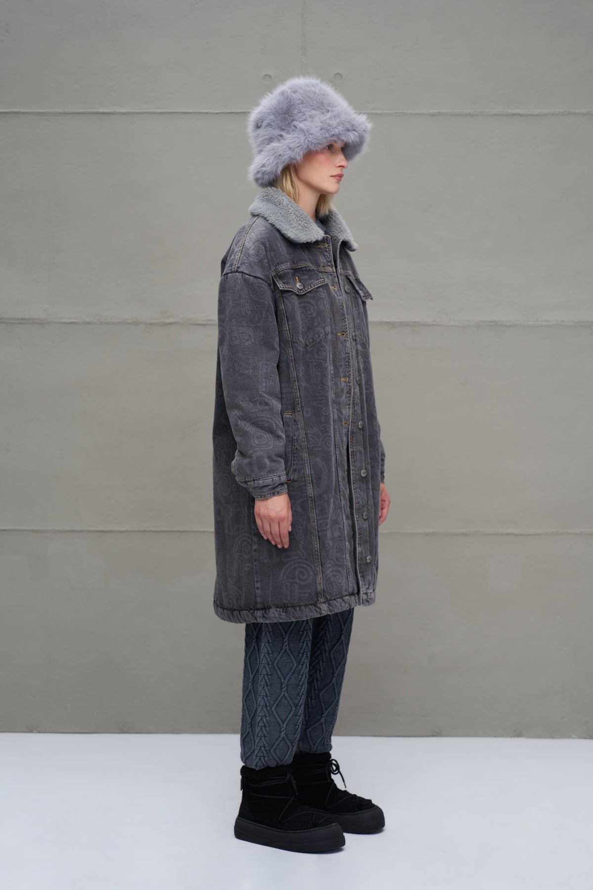 Anthracite Faux Fur Long Denim Coat 18098