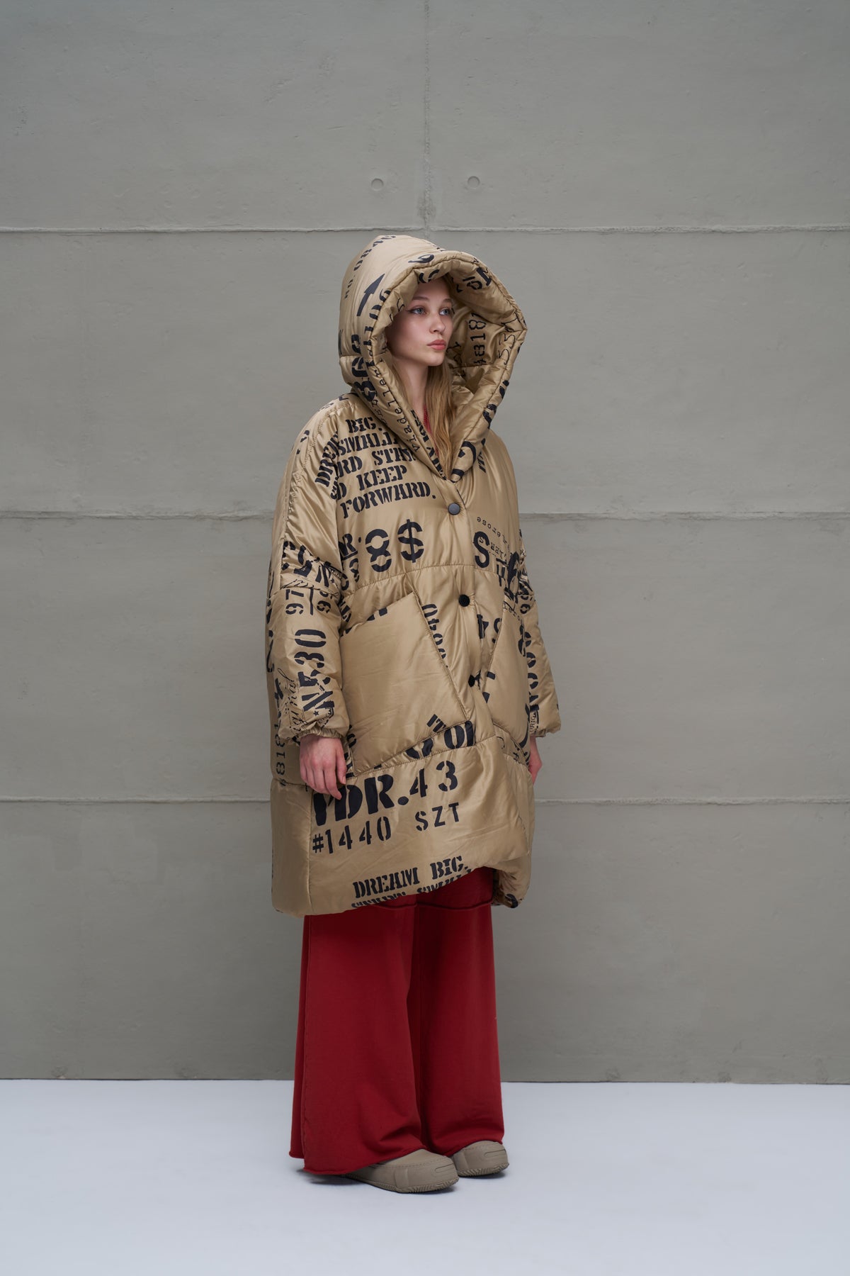 Beige Patterned Long Oversized Coat 18137