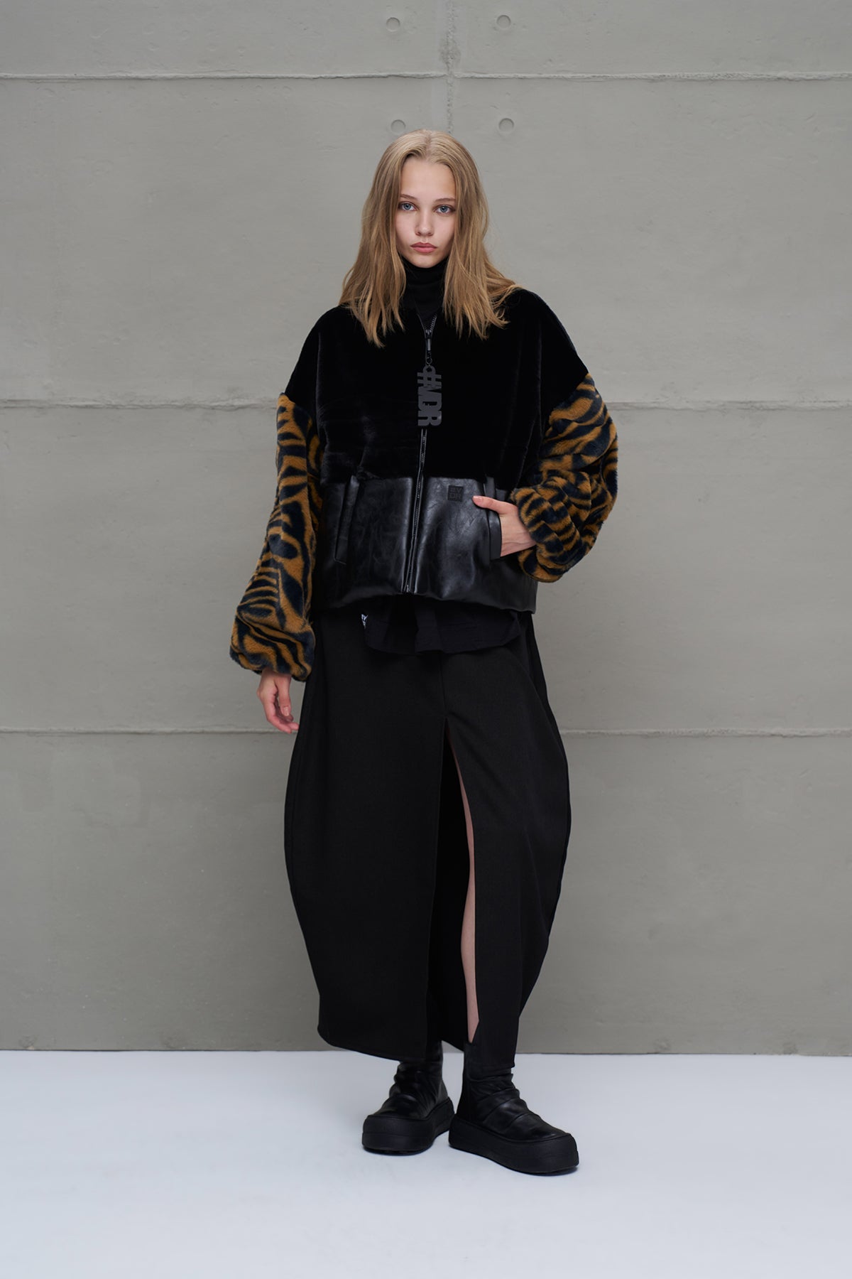 Black Camel Faux Leather And Faux Fur Bomber Jacket 18143