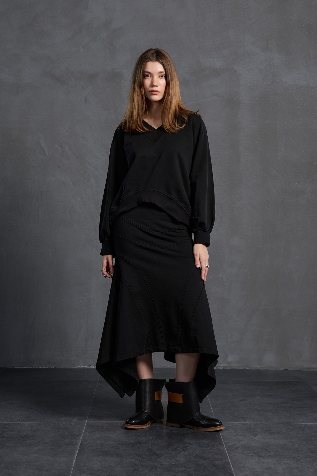 Black Asymmetric Cut Midi Skirt 18167