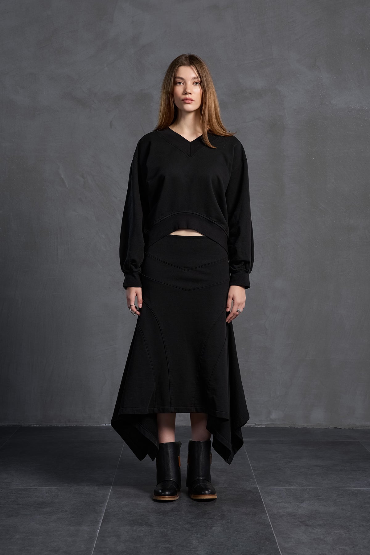Black Asymmetric Cut Midi Skirt 18167