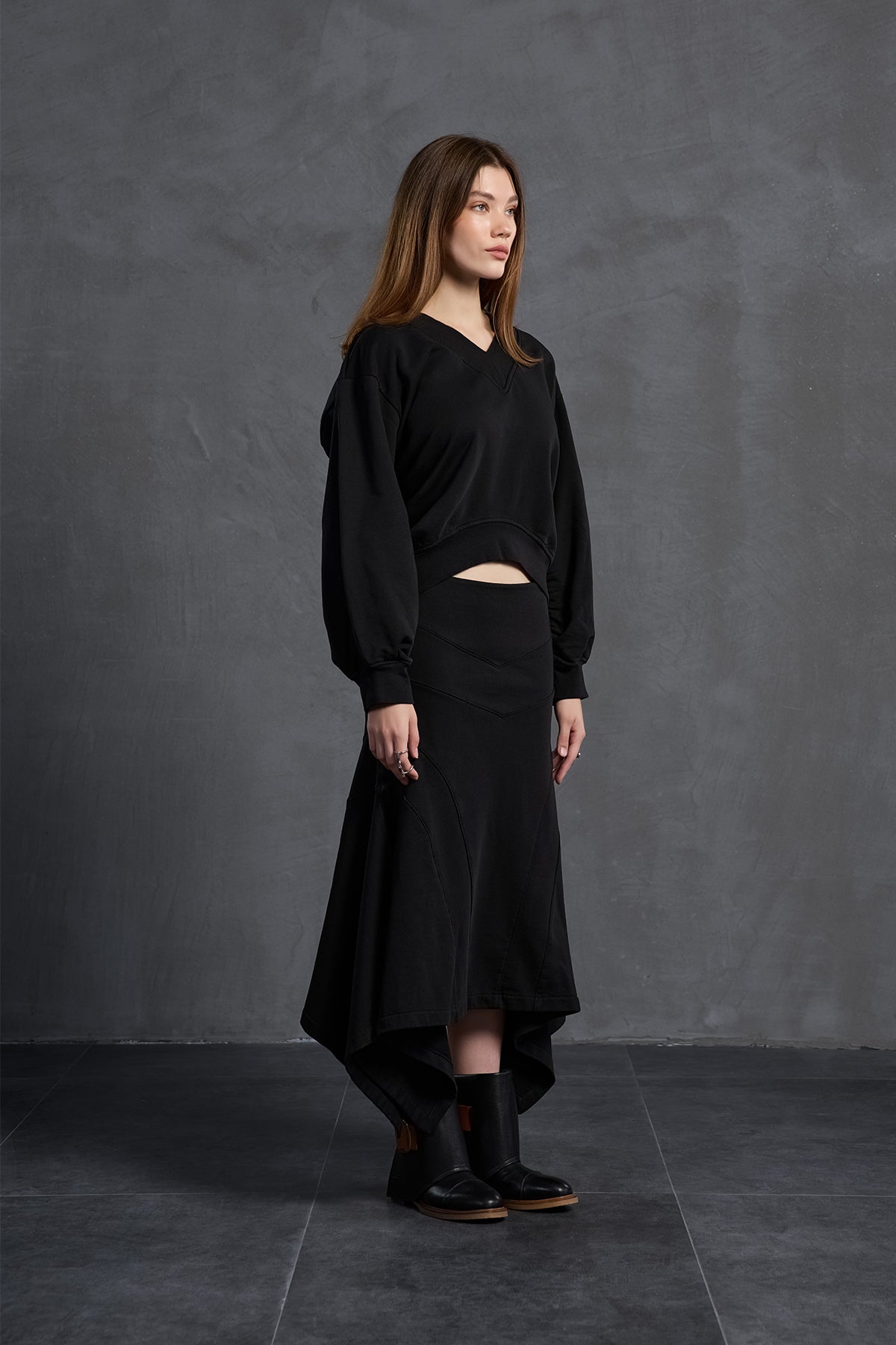 Black Asymmetric Cut Midi Skirt 18167