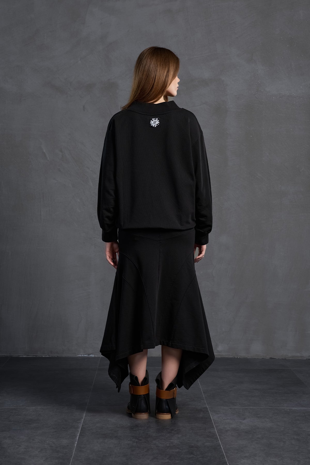 Black Asymmetric Cut Midi Skirt 18167