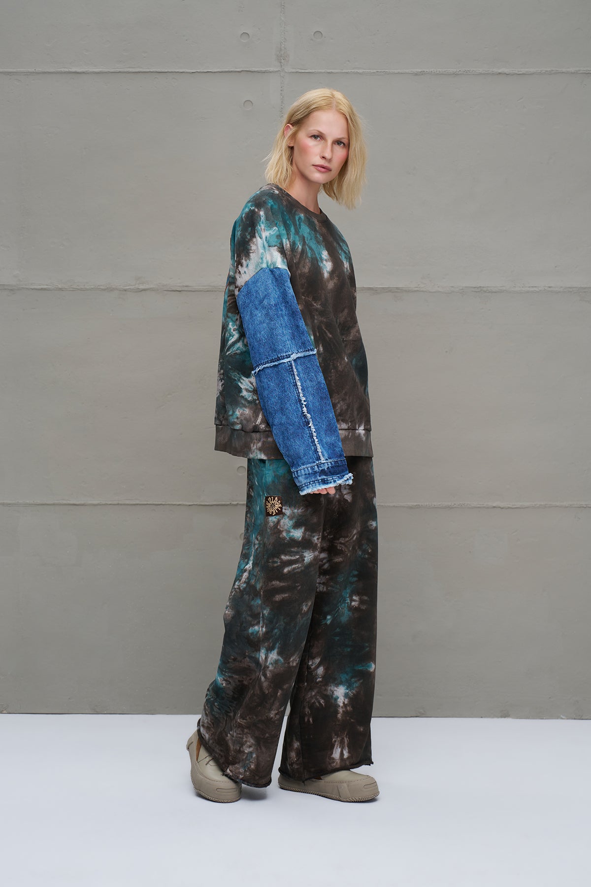 Brown Green Denim Sleeve Tie-dye Oversize Sweatshirt 18221