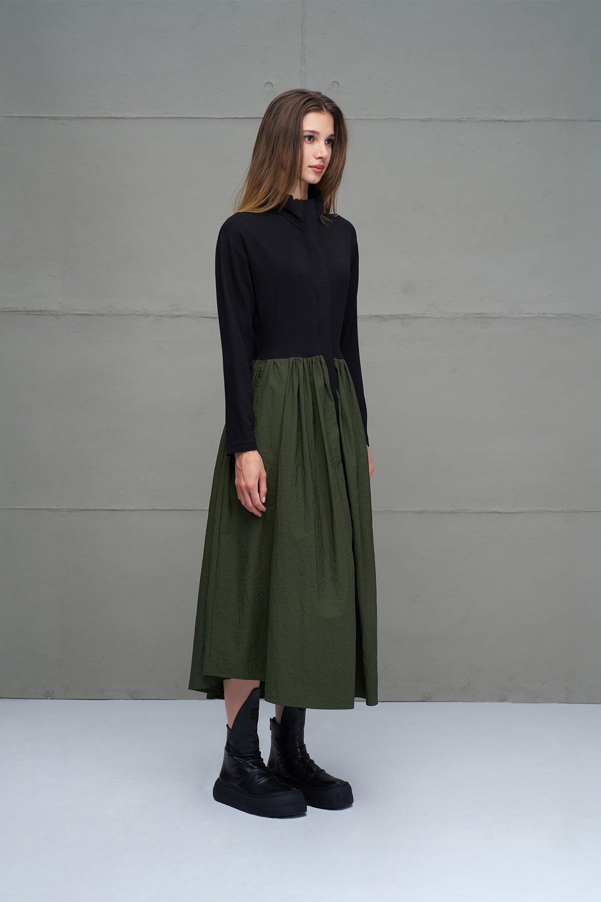 Black Green Zippered Draped Long Dress 18273