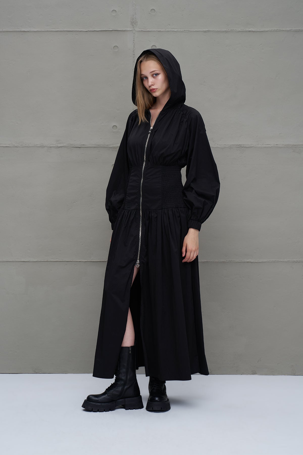 Black Zippered Drawstring Waist Dress 18277