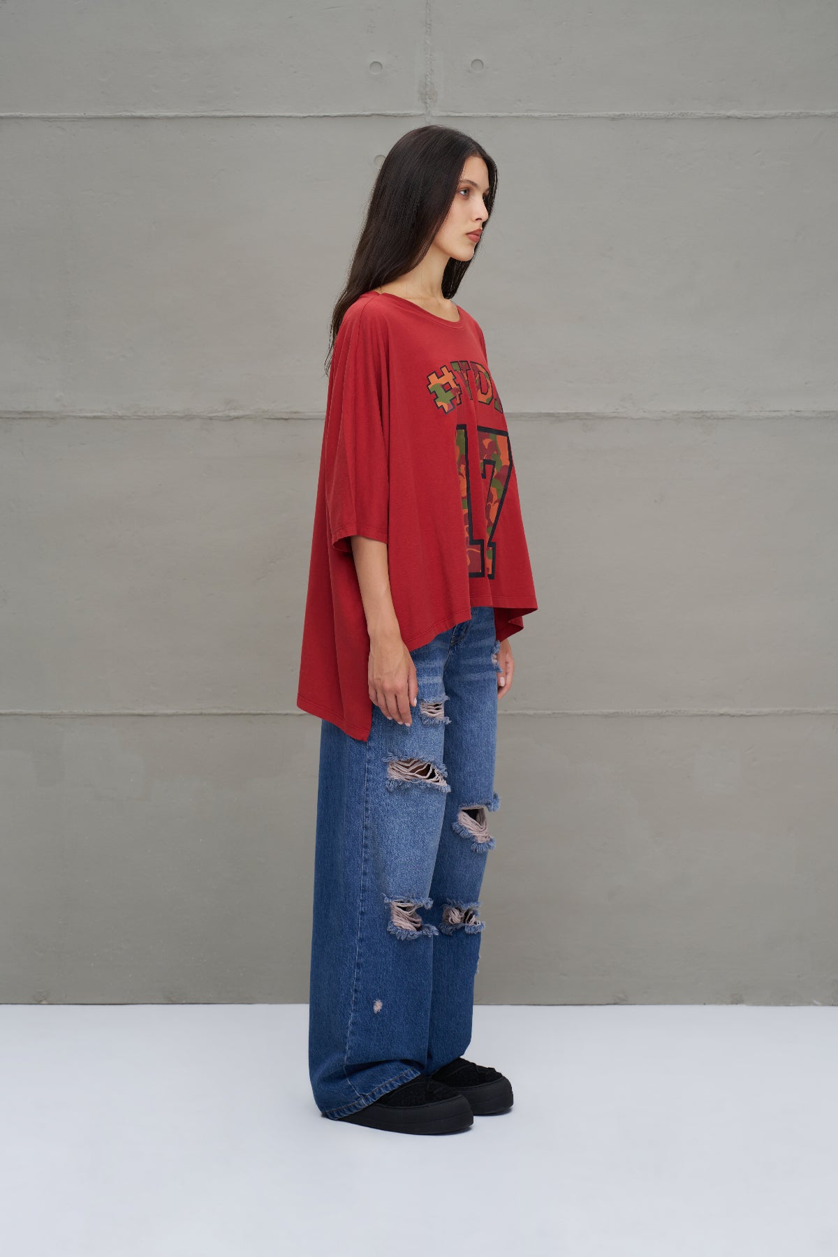 Maroon Printed Asymmetric Oversize T-shirt 18282