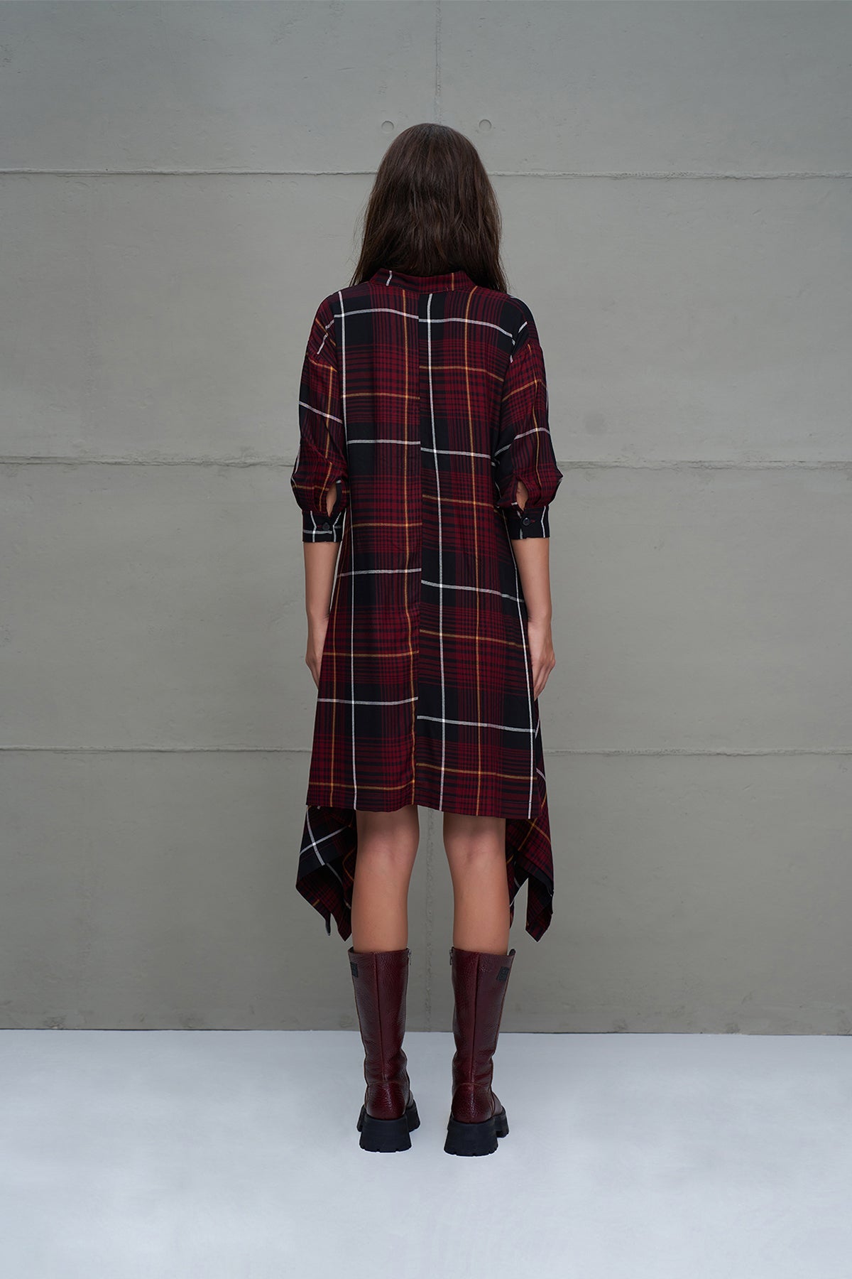 Black Burgundy Plaid Asymmetric Long Dress 18291