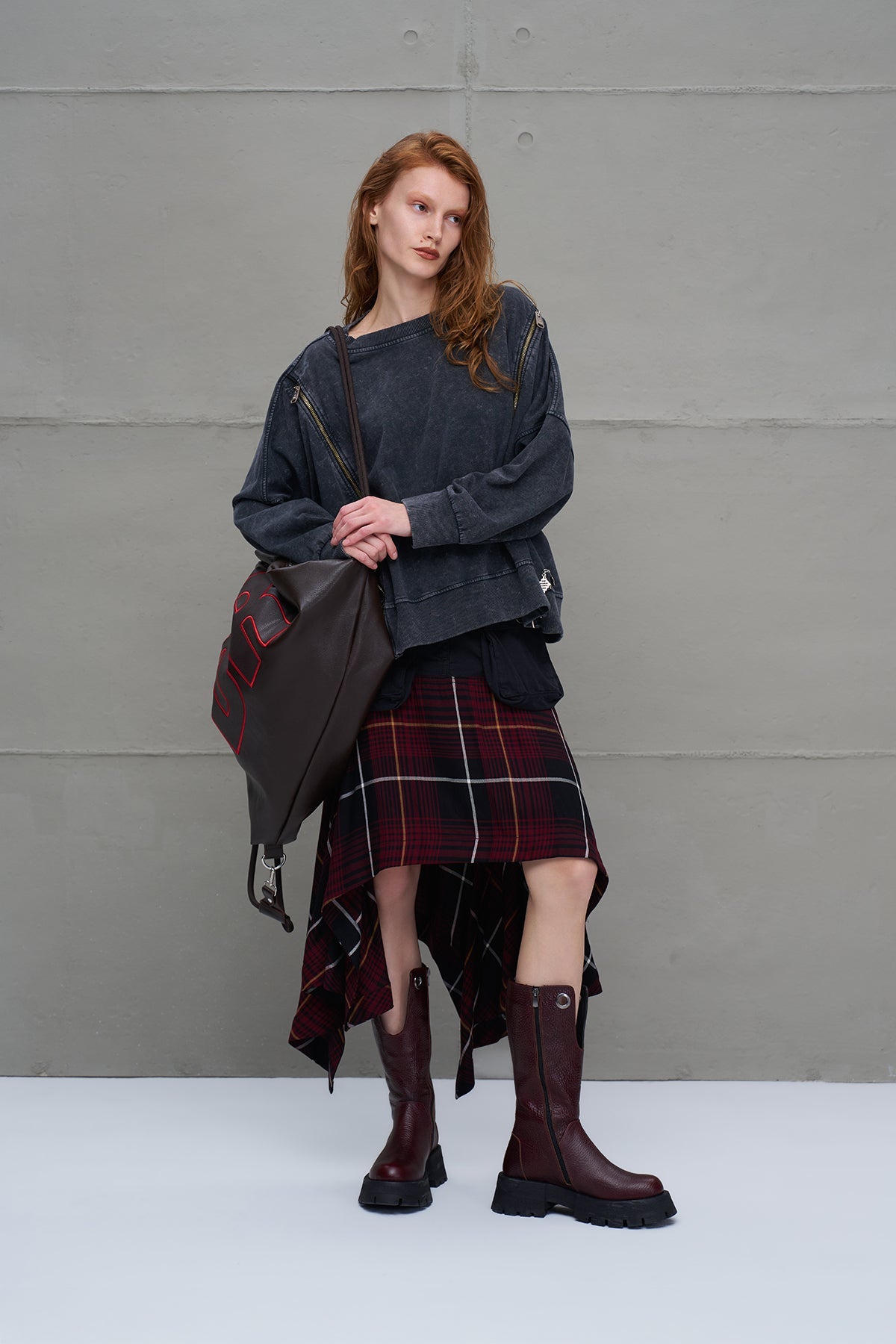 Black Burgundy Plaid Asymmetric Midi Skirt 18292