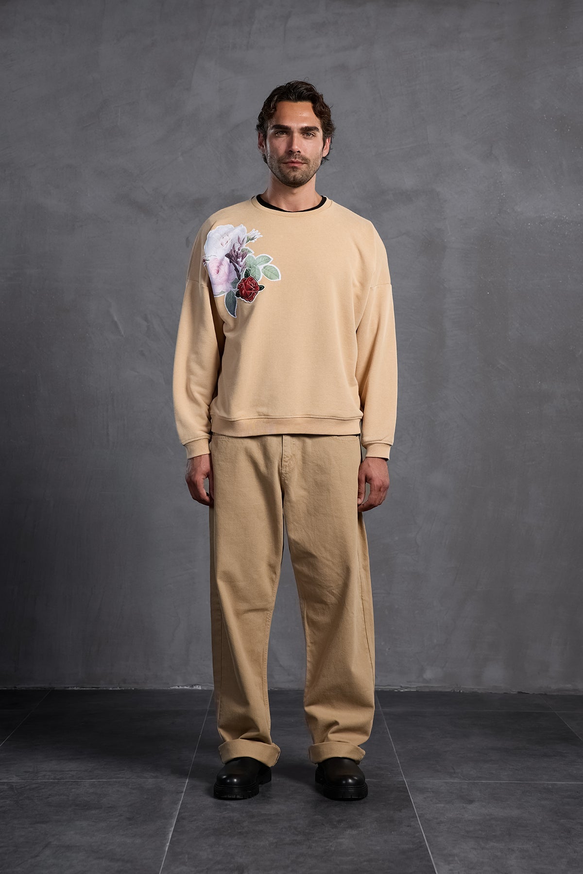 Beige Printed Crew Neck Sweatshirt 10001