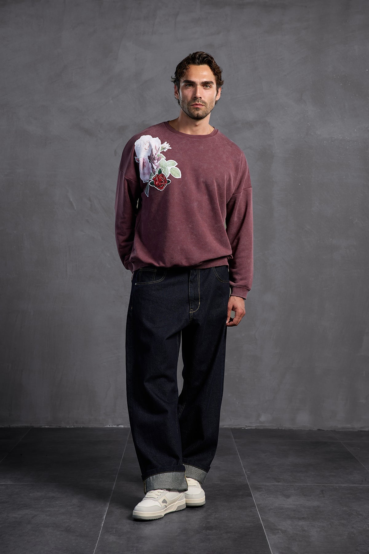 Burgundy Printed Crew Neck Sweatshirt 10001