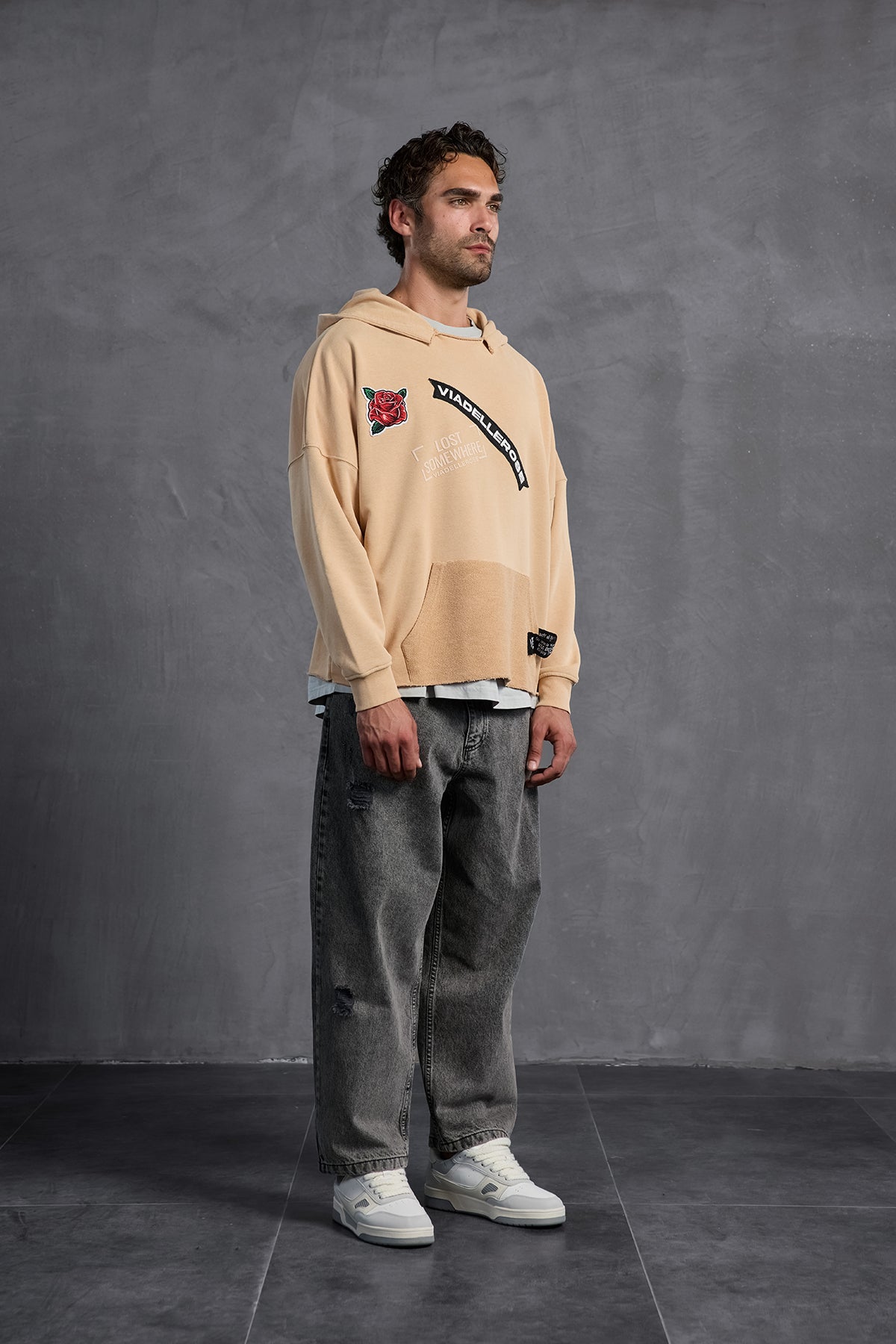 Beige Patch Hooded Sweatshirt 10003