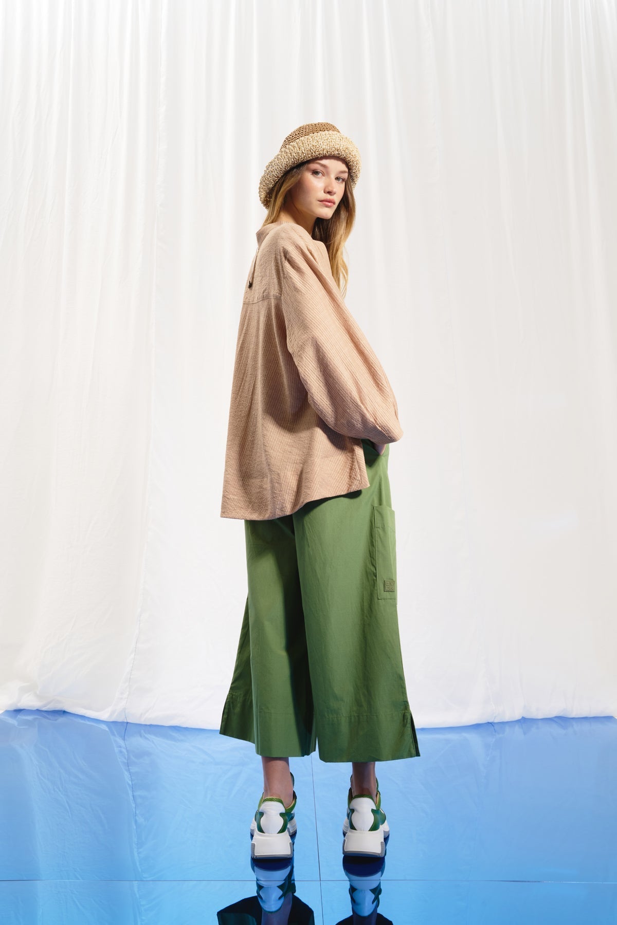 Olive Green Wide-leg Pleated Trousers 17098