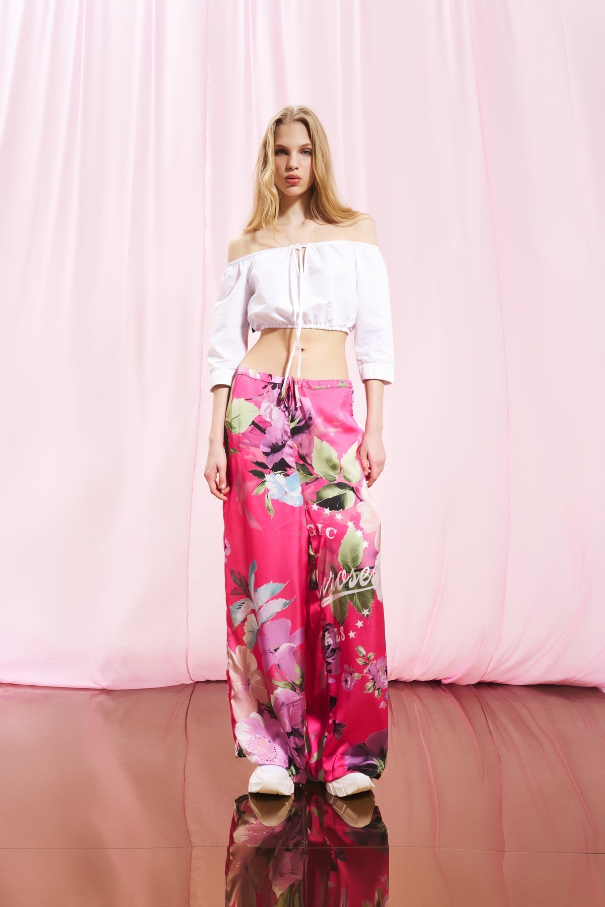 Pink Floral Print Satin Trousers 17251