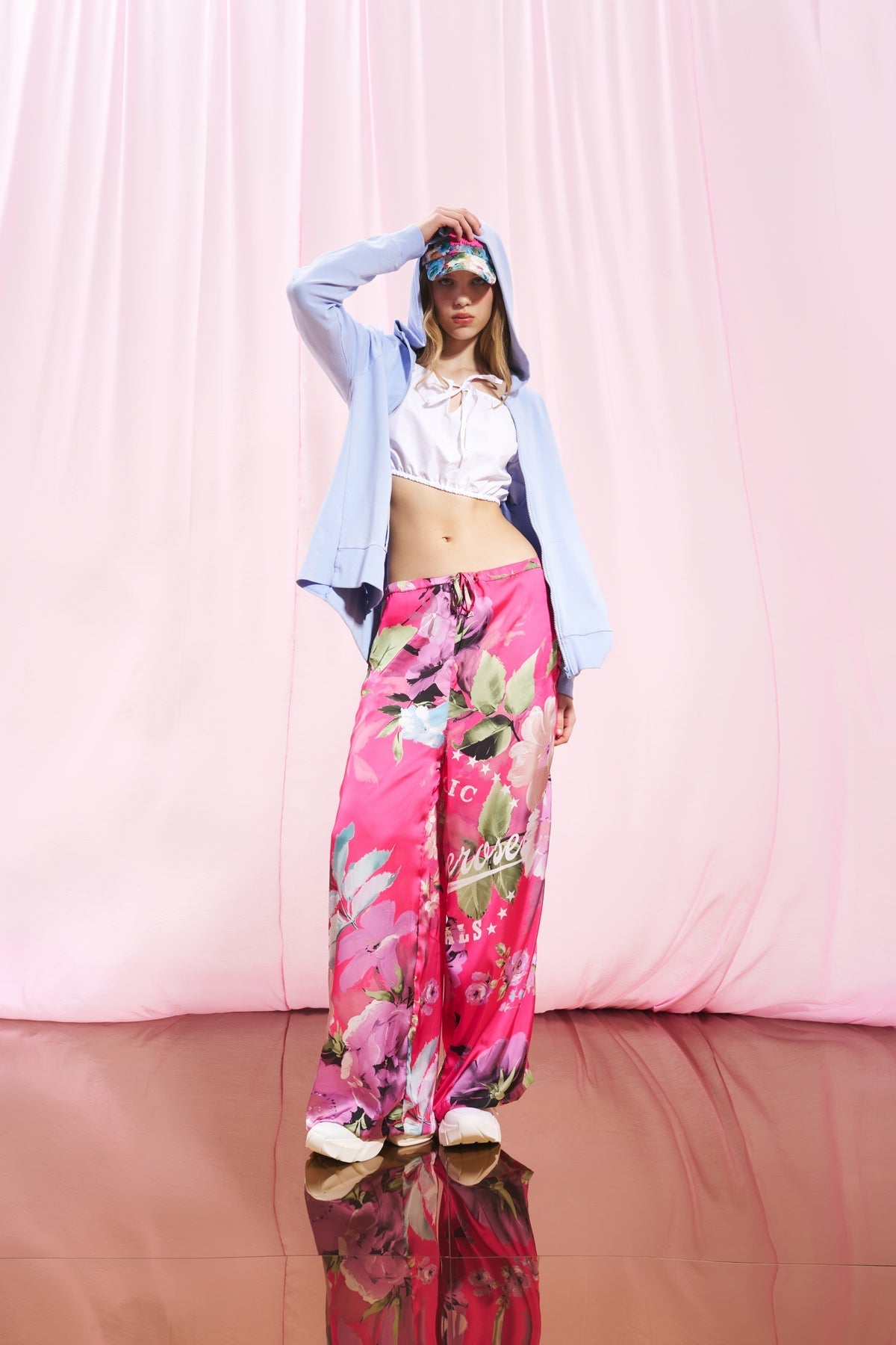 Pink Floral Print Satin Trousers 17251
