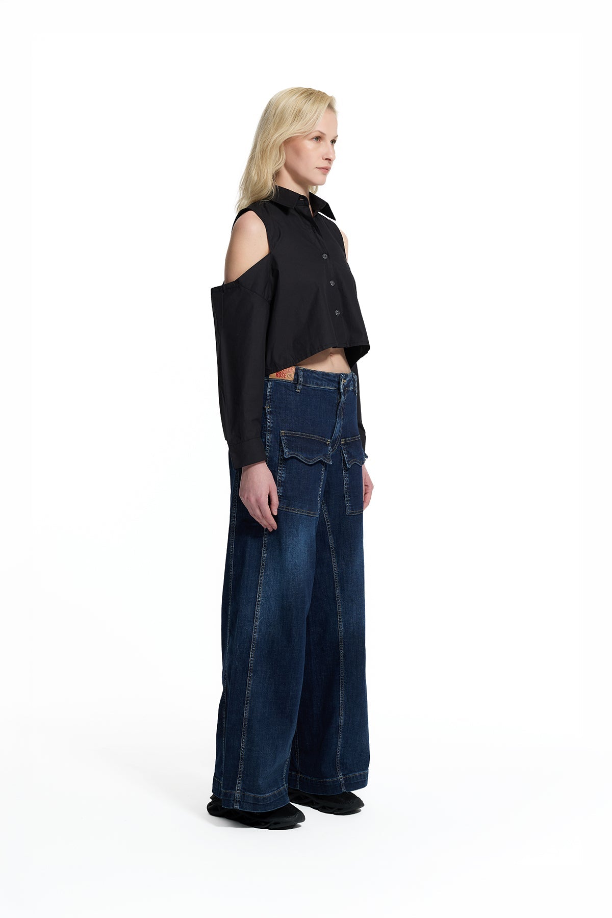 Blue Pocket Detail Flared Denim Trousers 19005