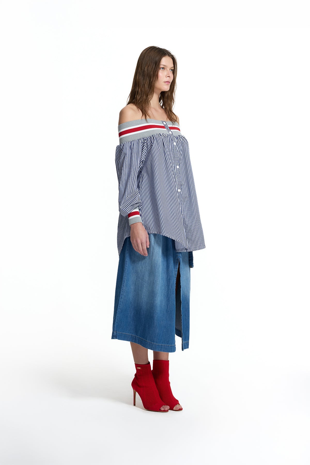 Blue White Striped Off Shoulder Detail Shirt 19006
