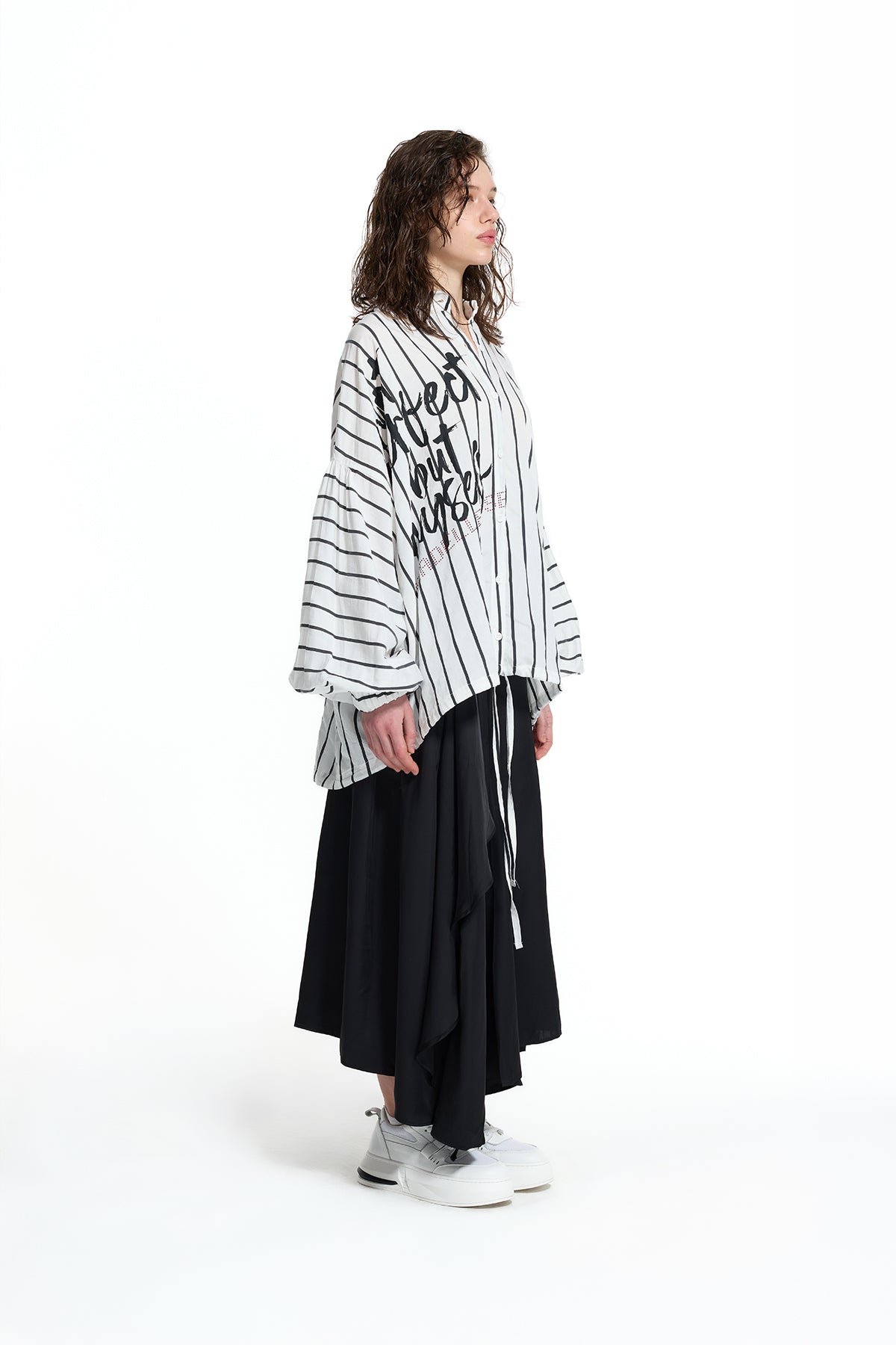 White Black Text Detail Striped Shirt 19008