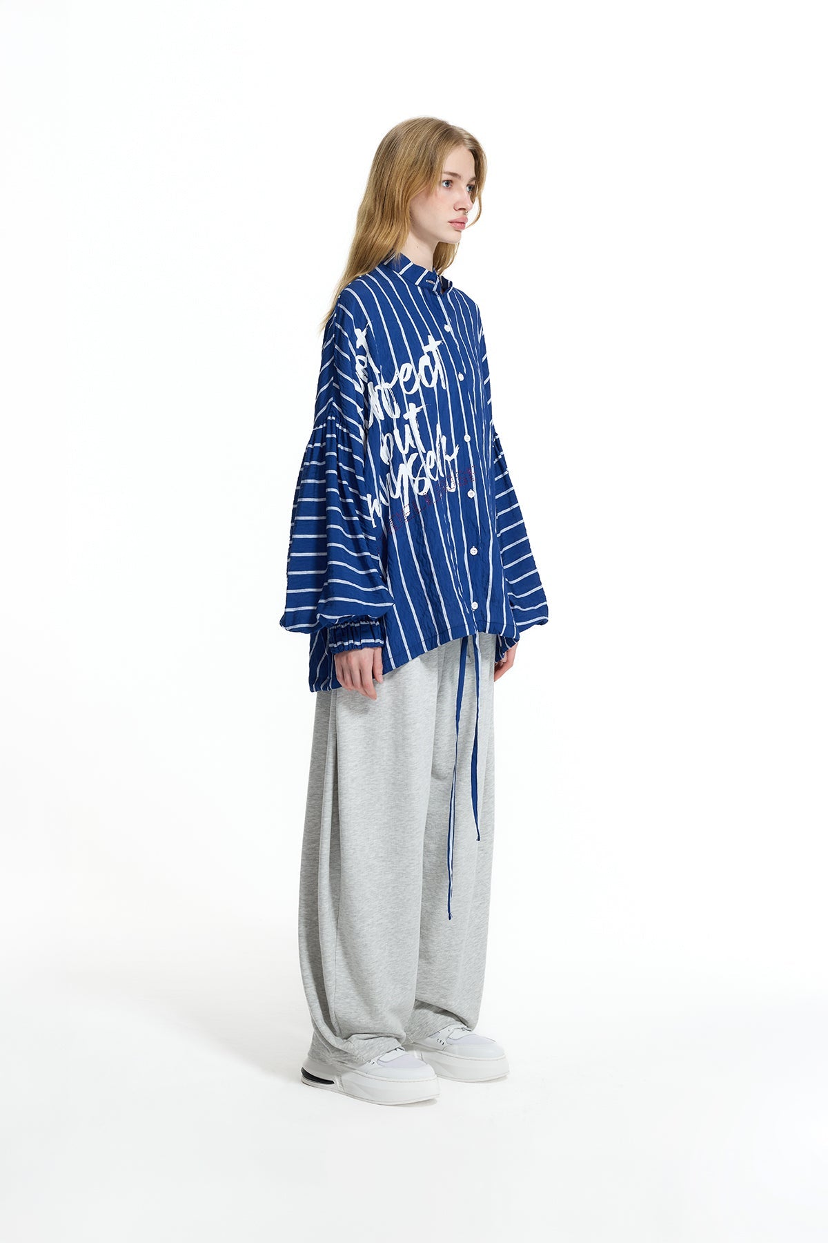 Blue White Text Detail Striped Shirt 19008