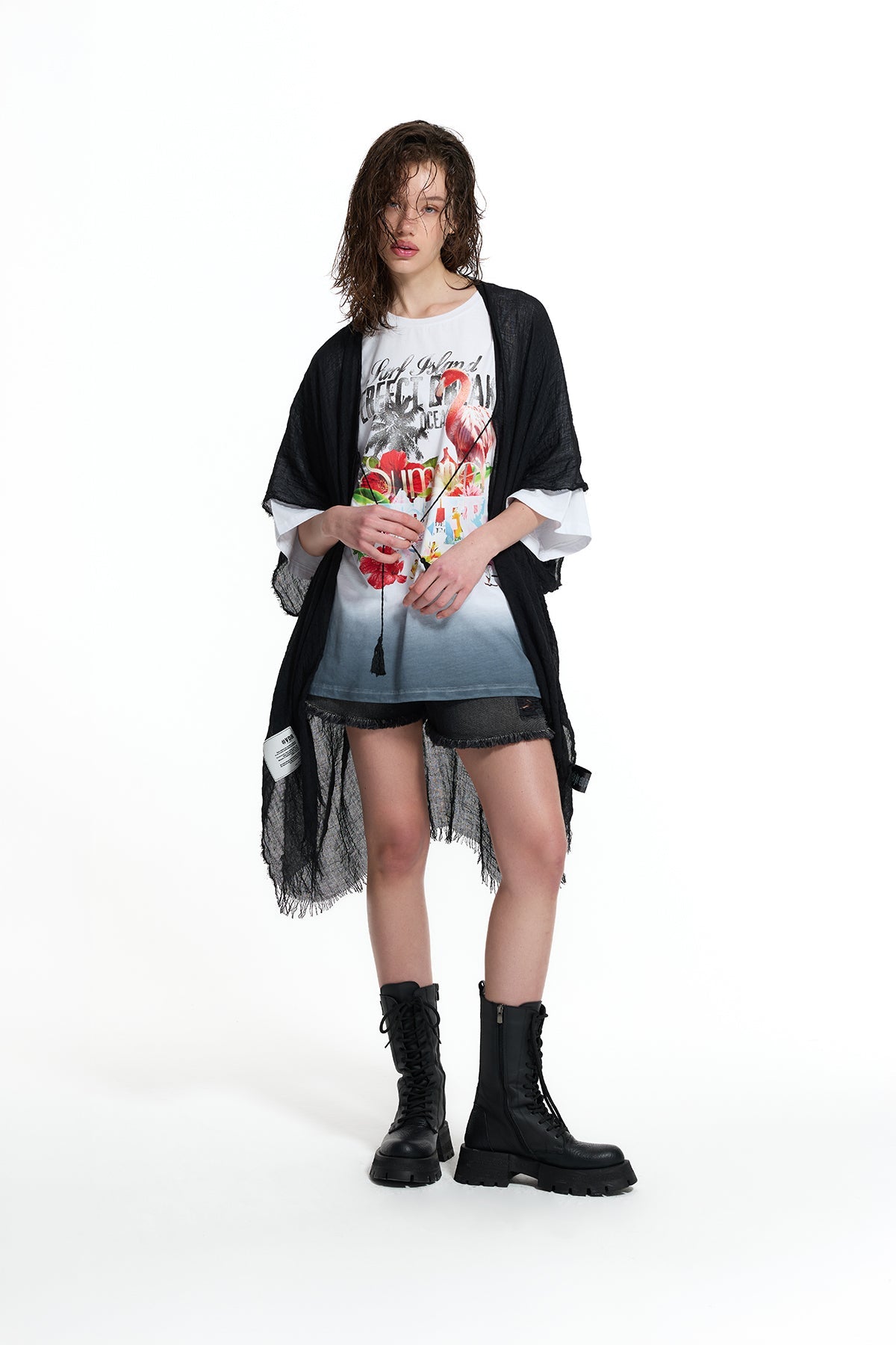 White Oversize Flamingo Print Gradient T-shirt 19012