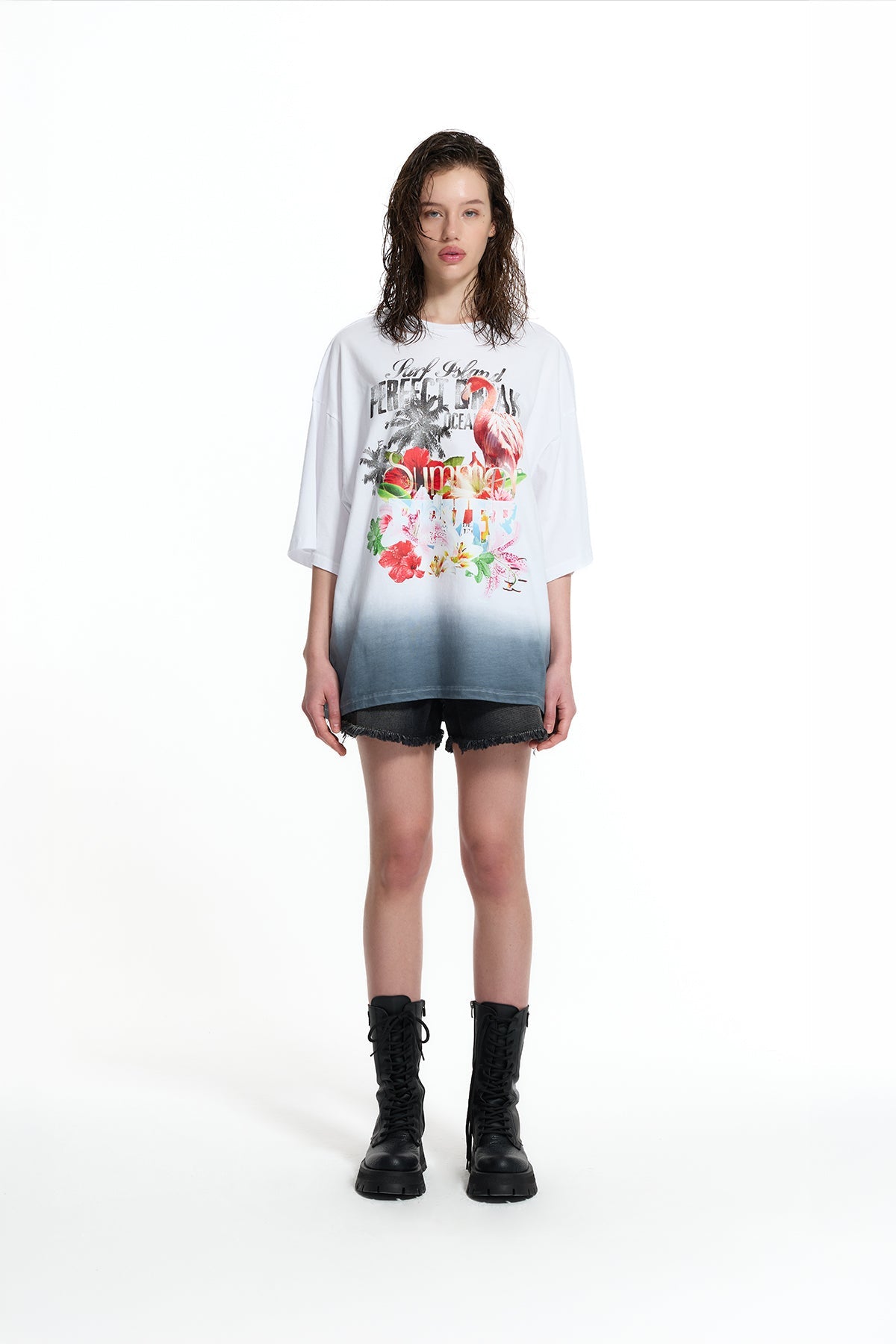 White Oversize Flamingo Print Gradient T-shirt 19012