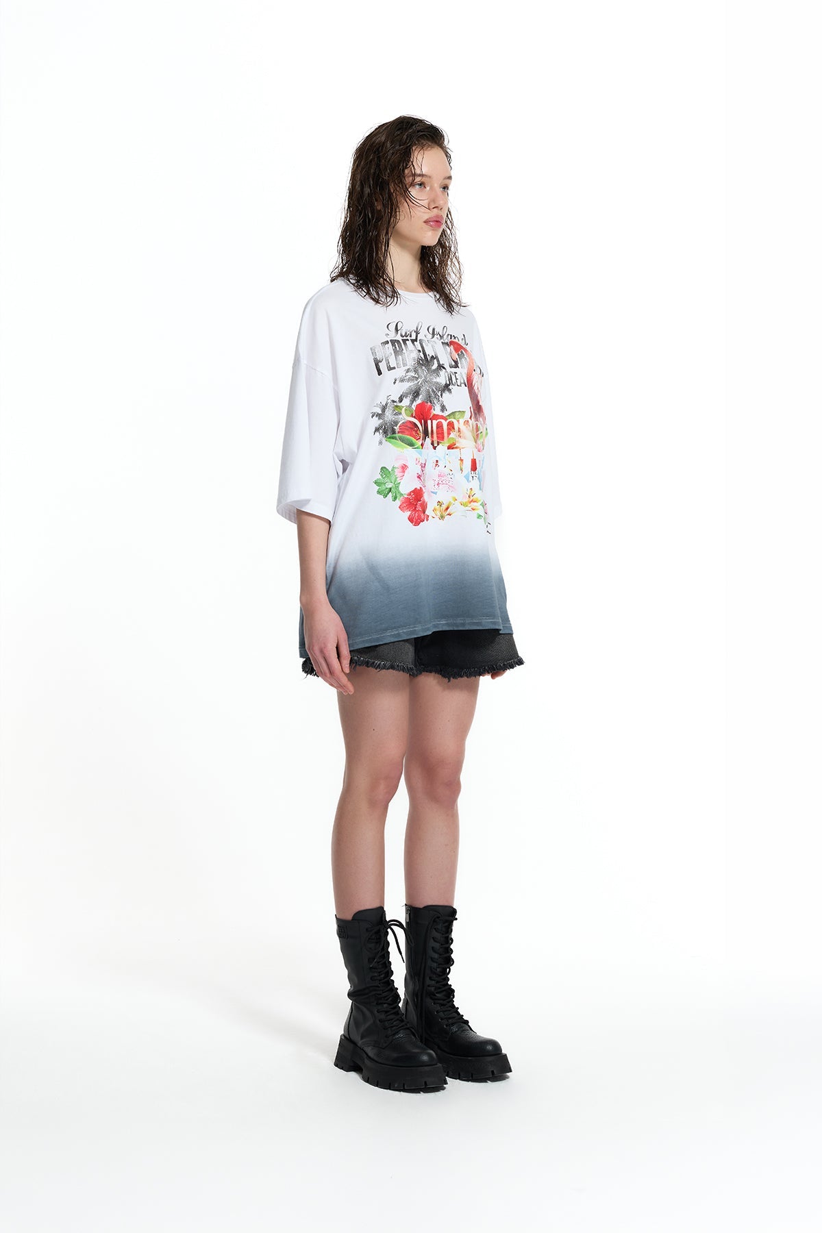 White Oversize Flamingo Print Gradient T-shirt 19012