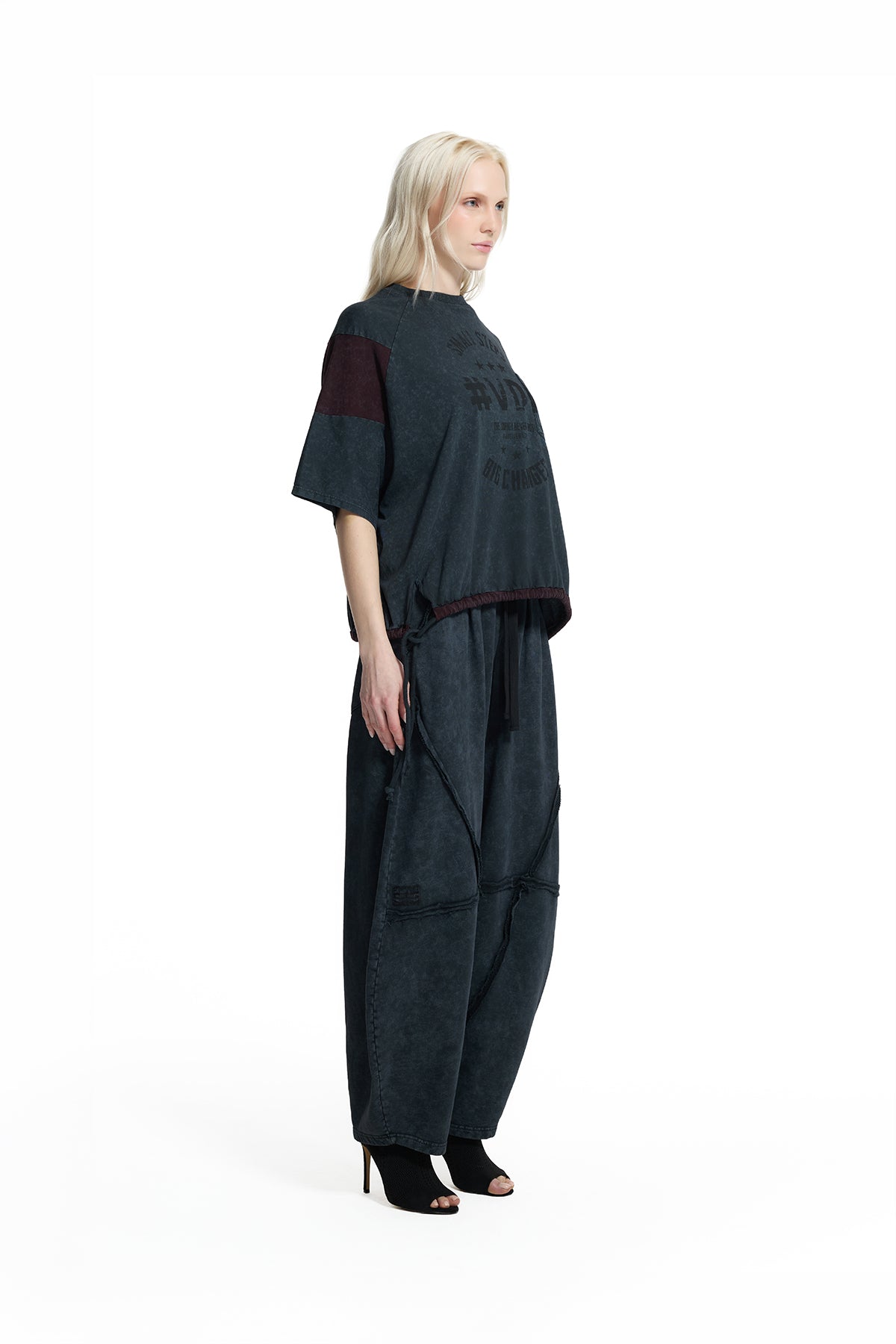 Black Washed Burgundy Detail Drawstring Hem Vdr Print Oversize T-shirt 19014