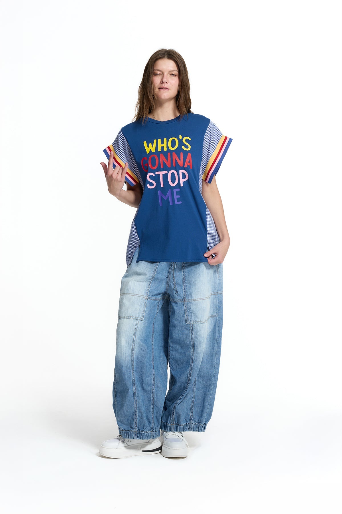 Blue Front Slogan Print Contrast Detail Vdr Oversize T-shirt 19018