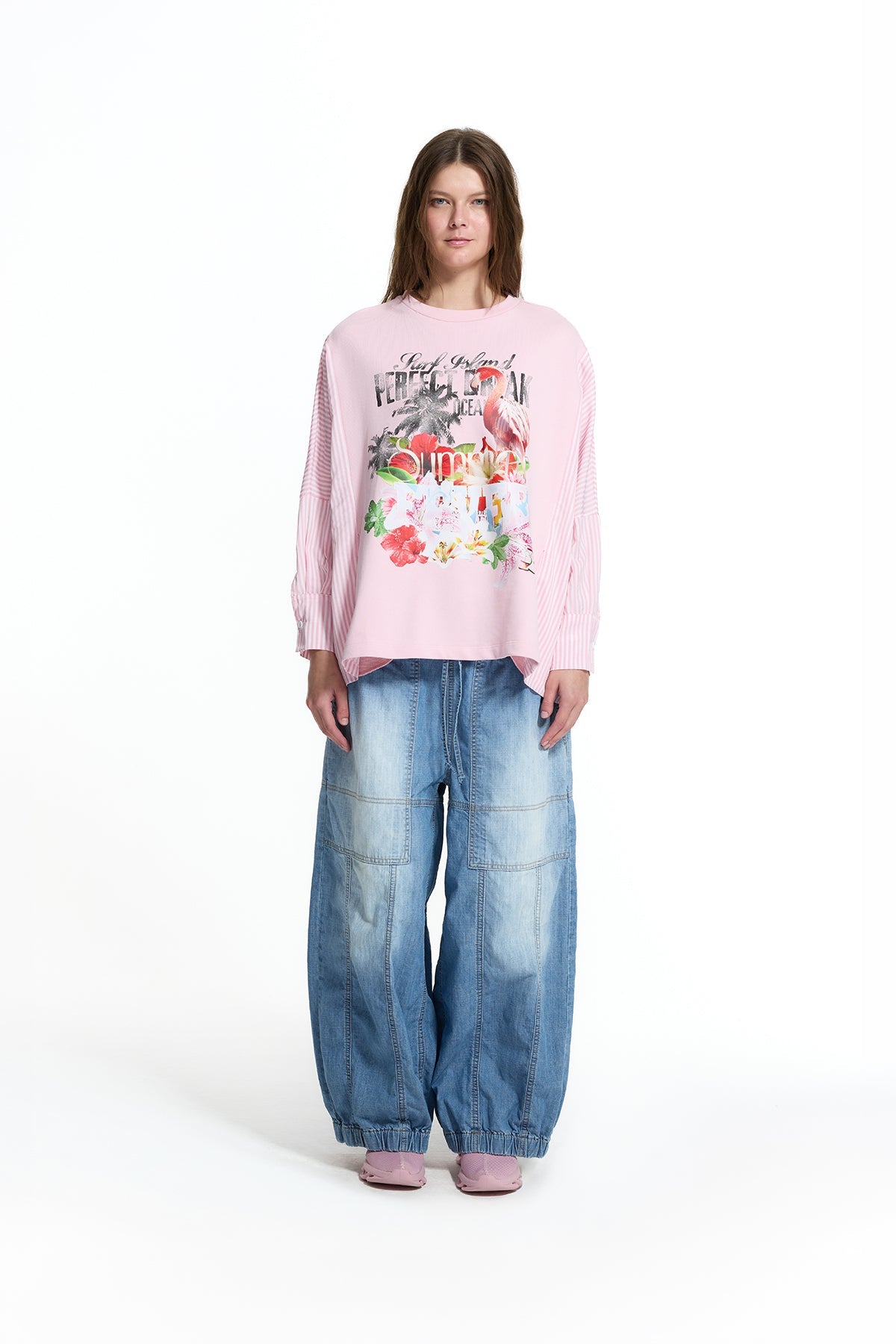 Pink Off White Flamingo Print Striped Sleeve Oversize Sweatshirt 19027
