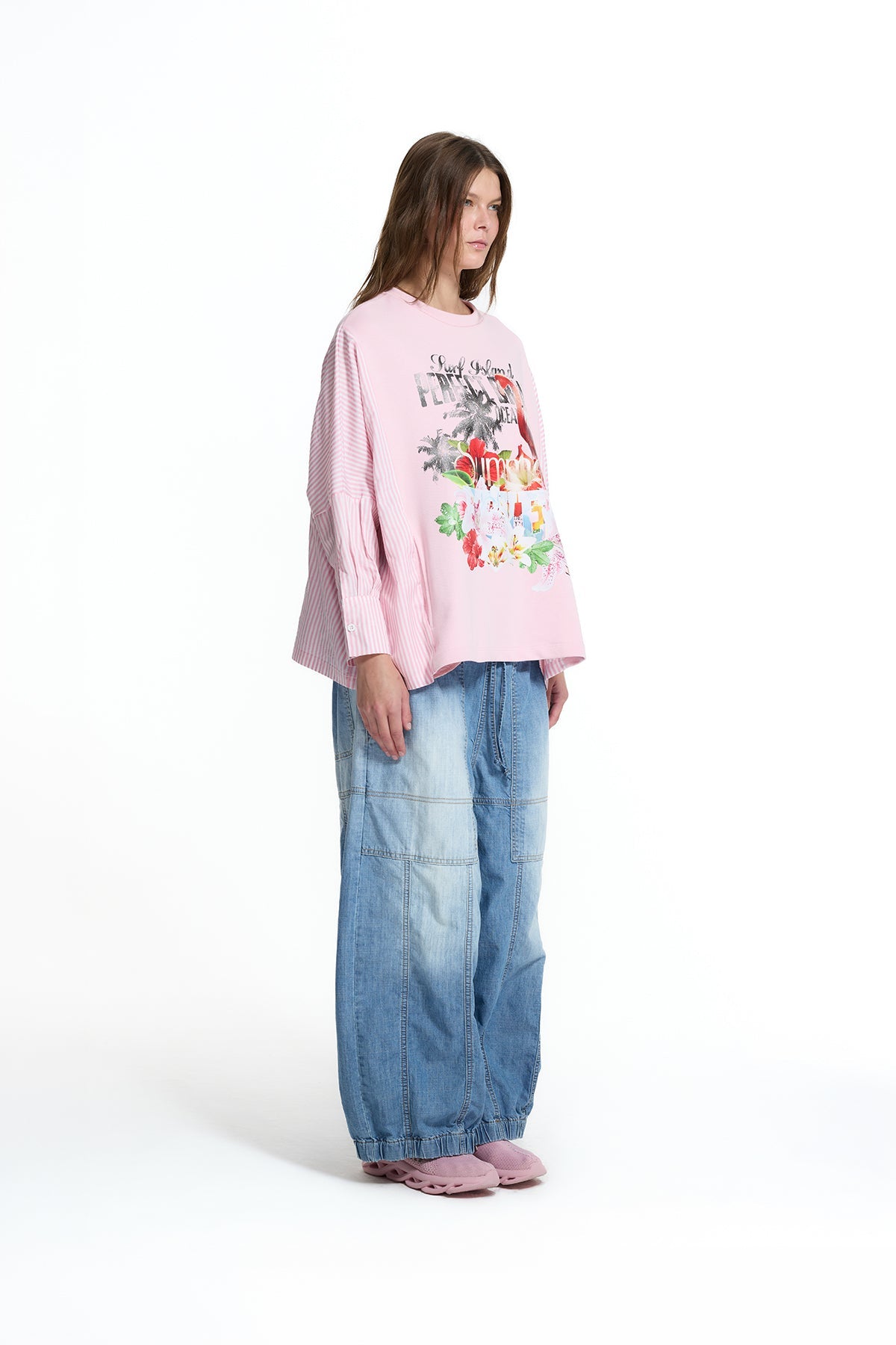 Pink Off White Flamingo Print Striped Sleeve Oversize Sweatshirt 19027