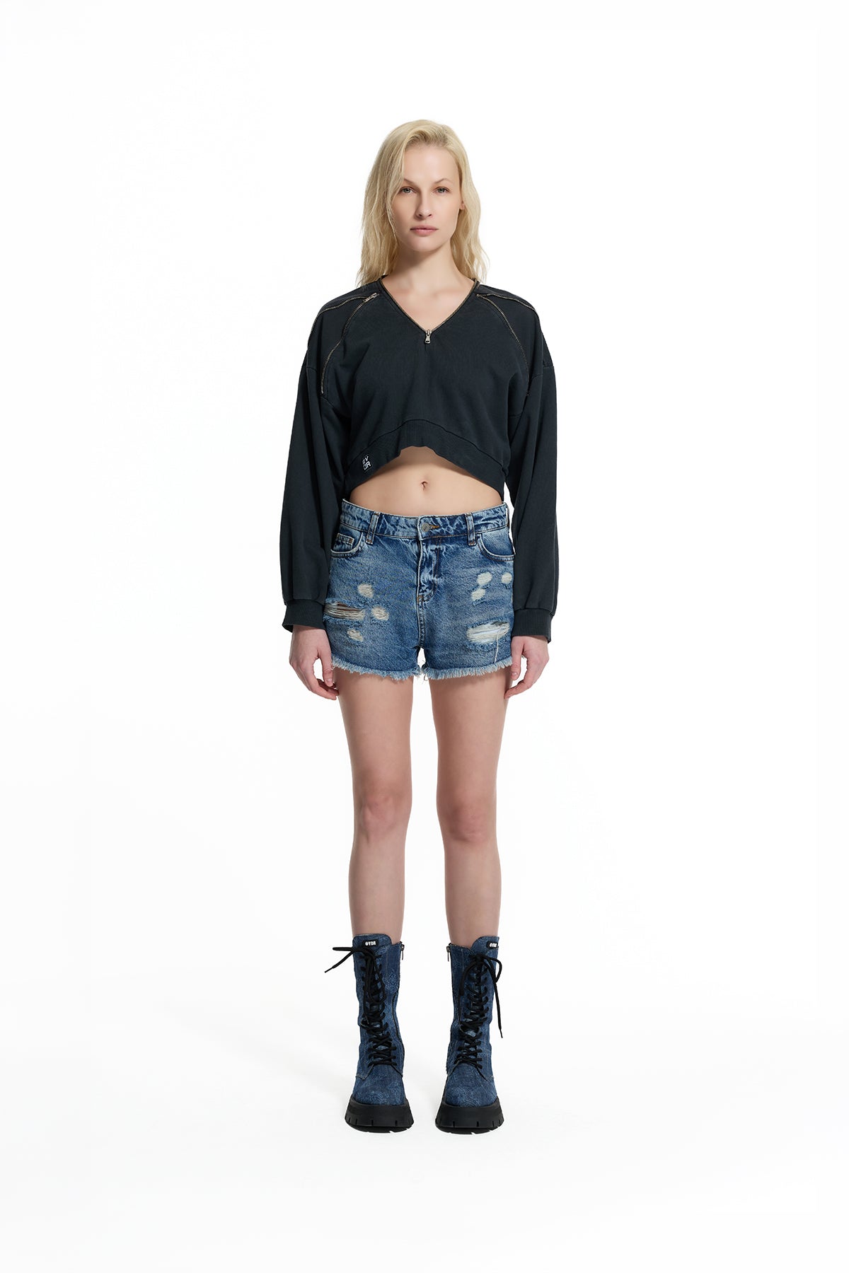 Black Zip Detail V Neck Crop Sweatshirt 19034