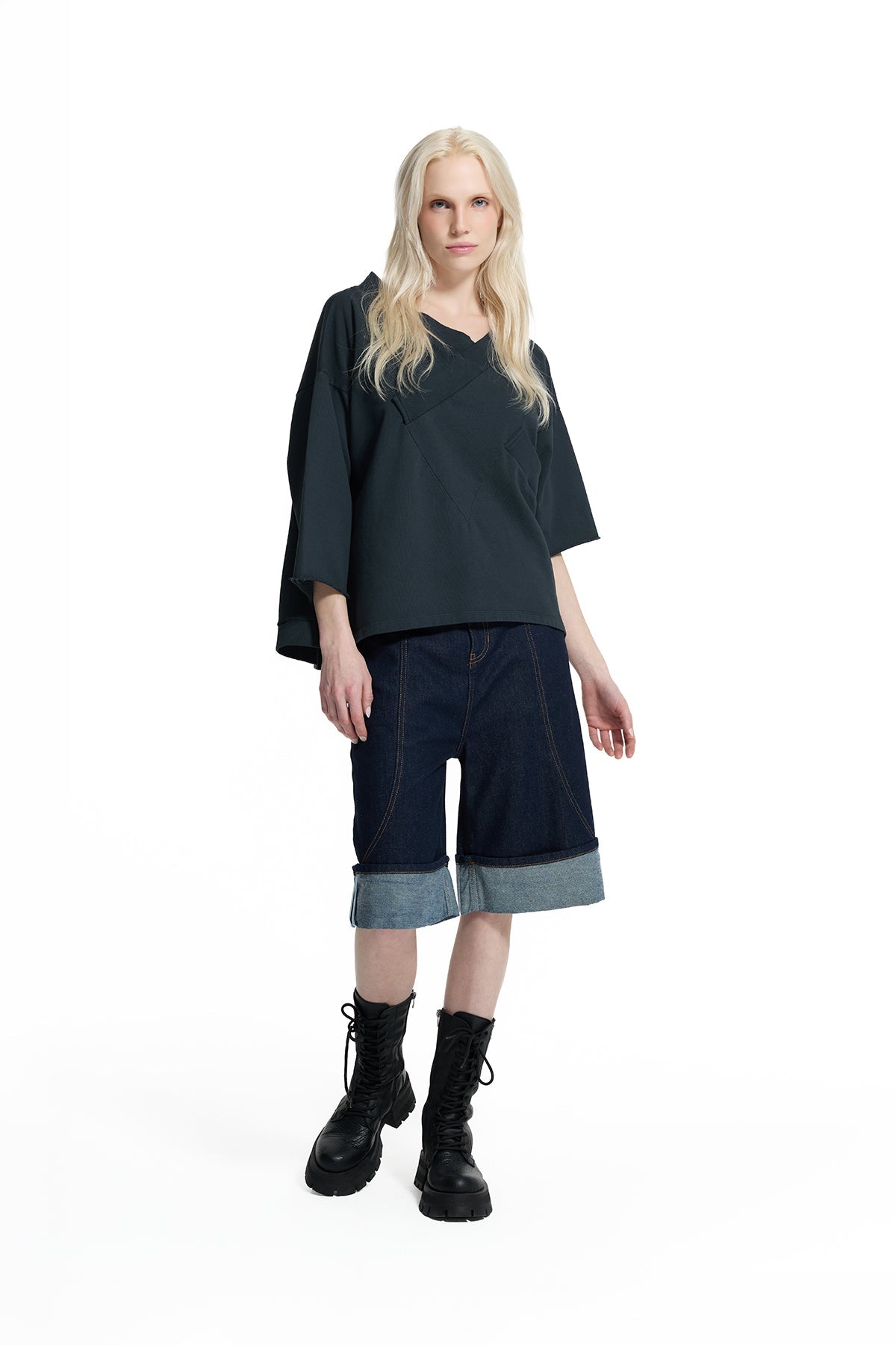 Black Wrap Neck Embossed Logo Detail Oversize Sweatshirt 19036