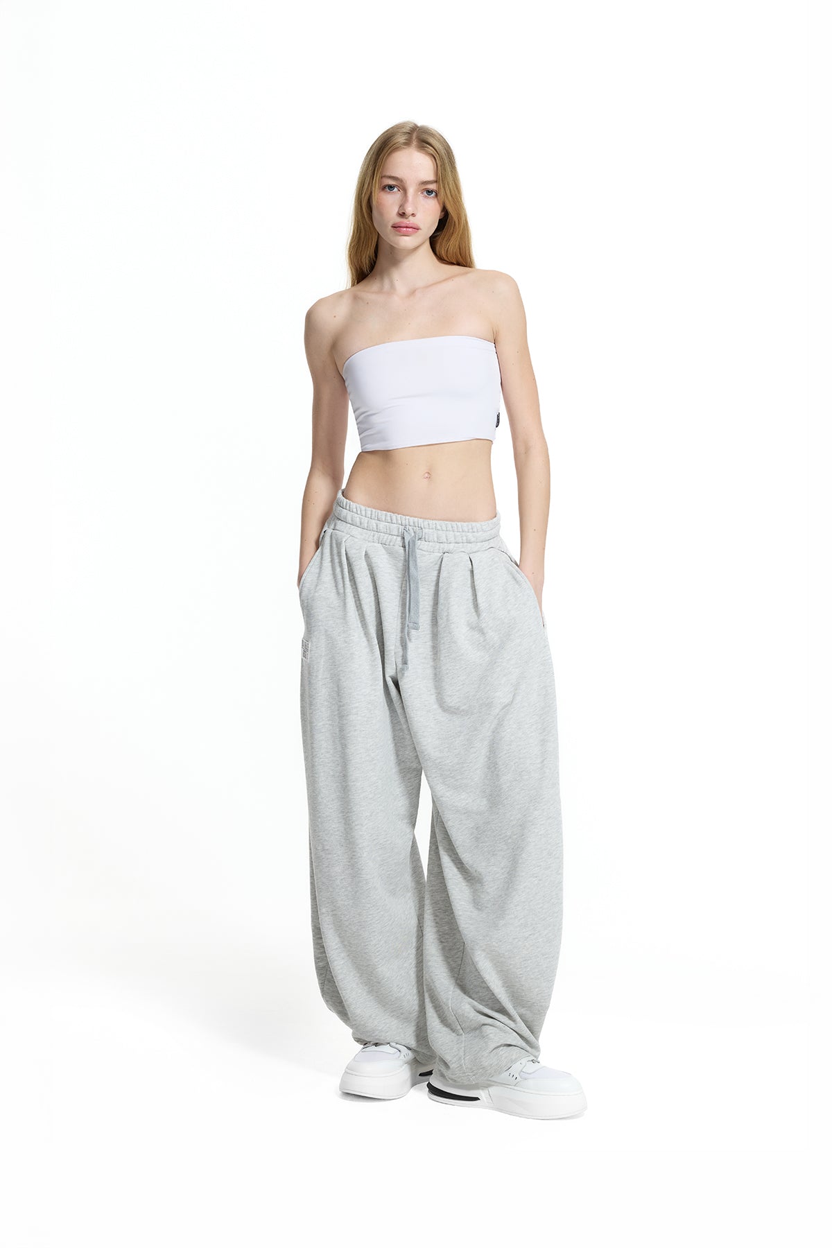Grey Melange Pleated Detail Baggy Trousers 19041