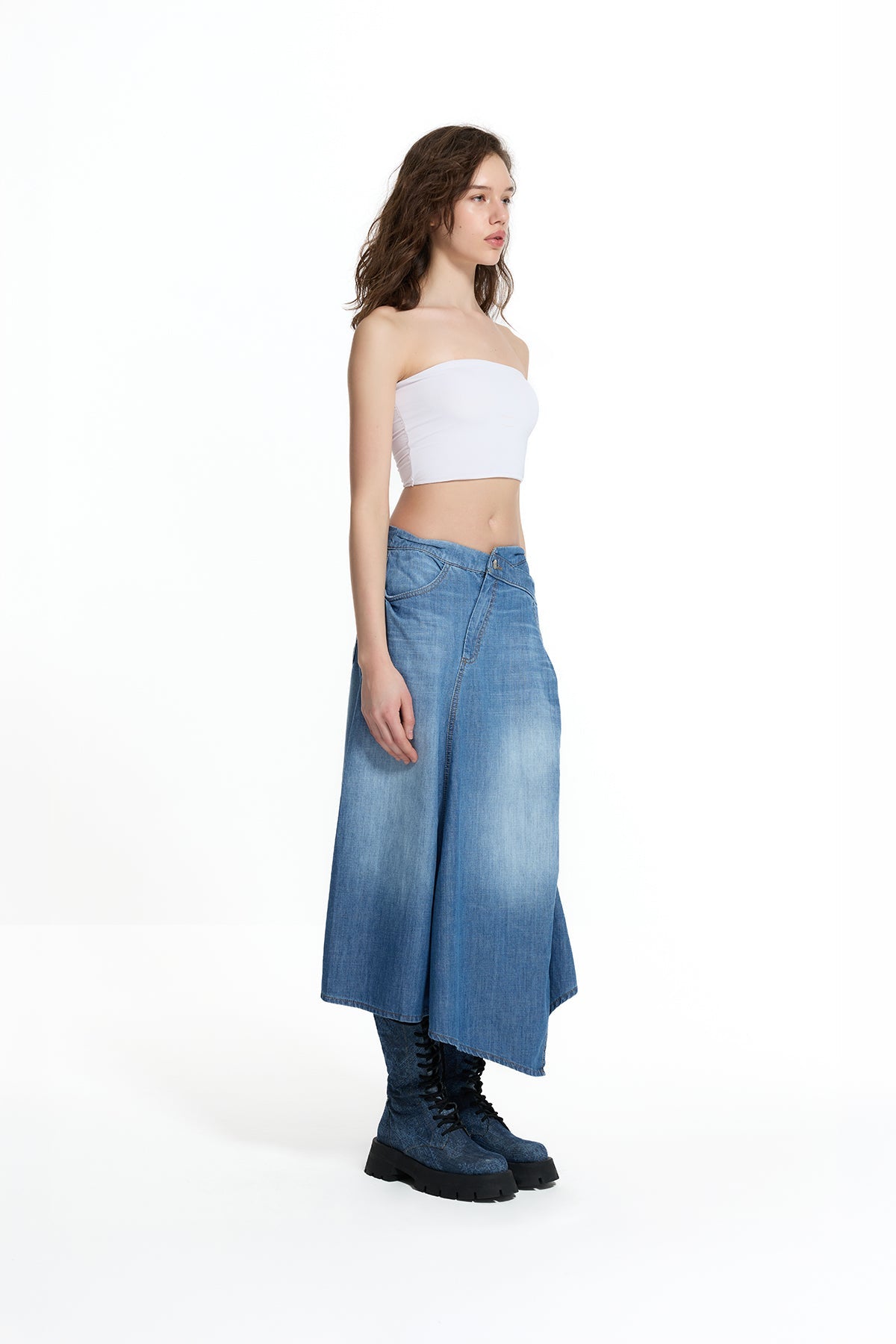Blue Asymmetric Slit Detail Long Denim Skirt 19052