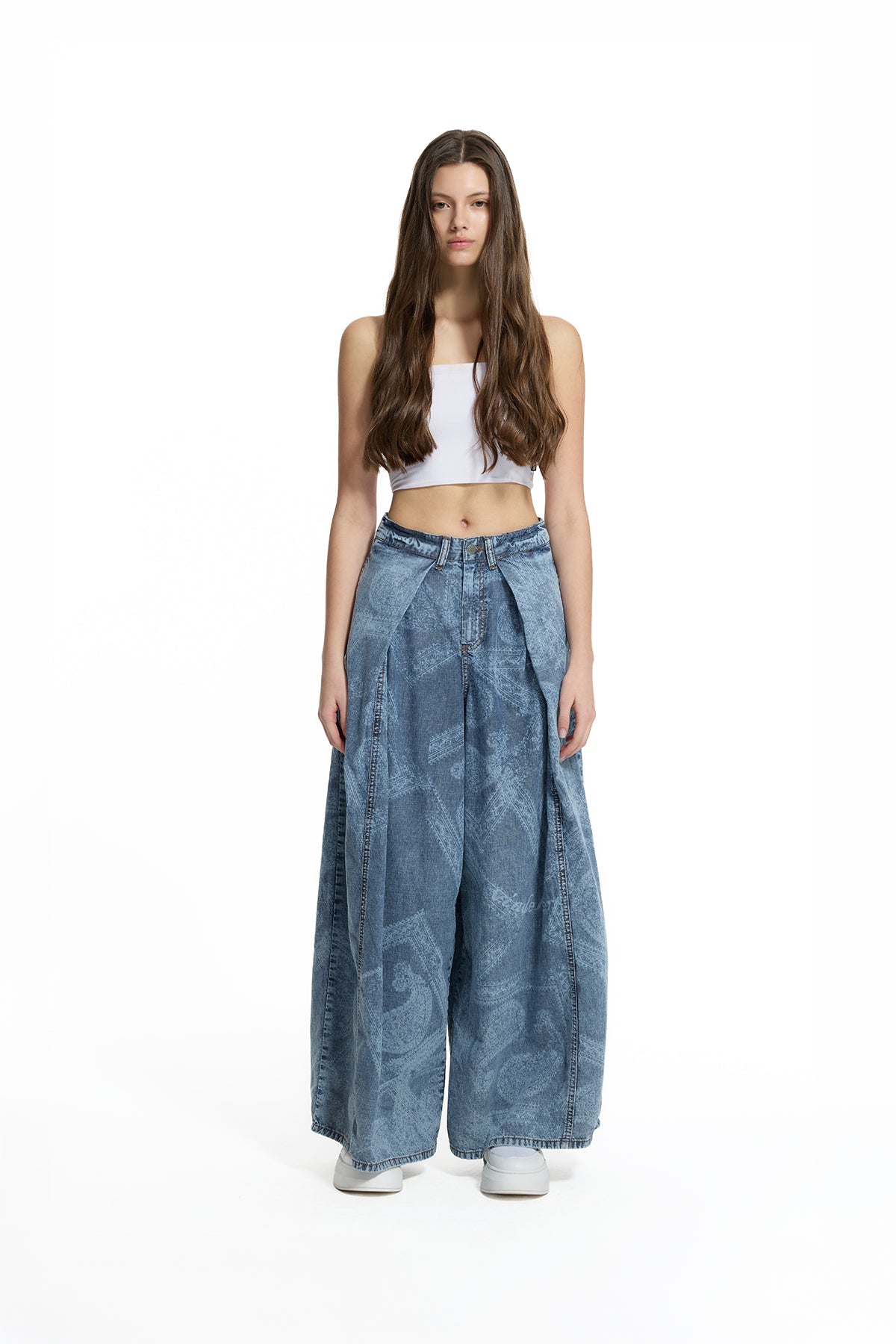 Blue Patterned Washed Wide Leg Denim Trousers 19061