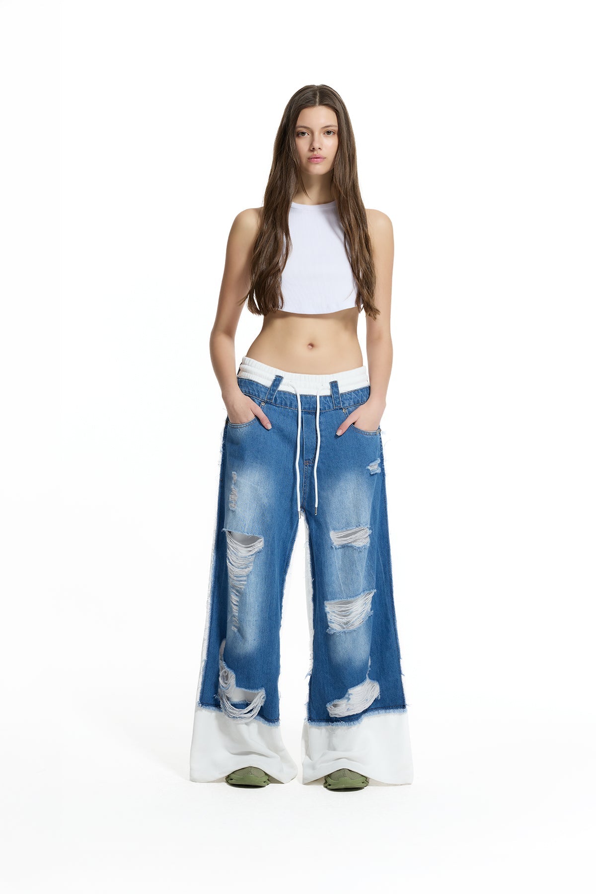 Blue Off White Contrast Fabric Distressed Denim Wide Leg Trousers 19062