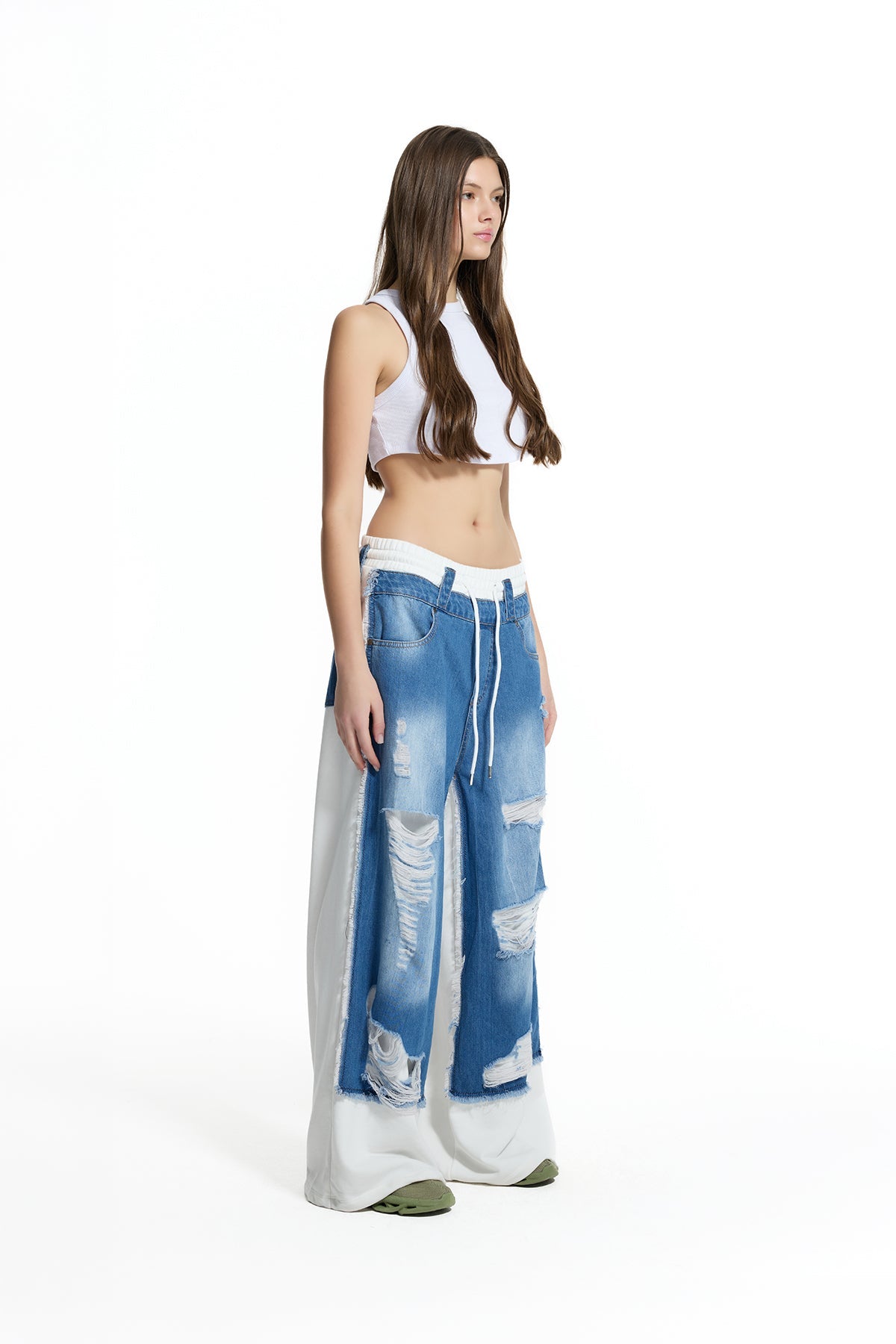 Blue Off White Contrast Fabric Distressed Denim Wide Leg Trousers 19062
