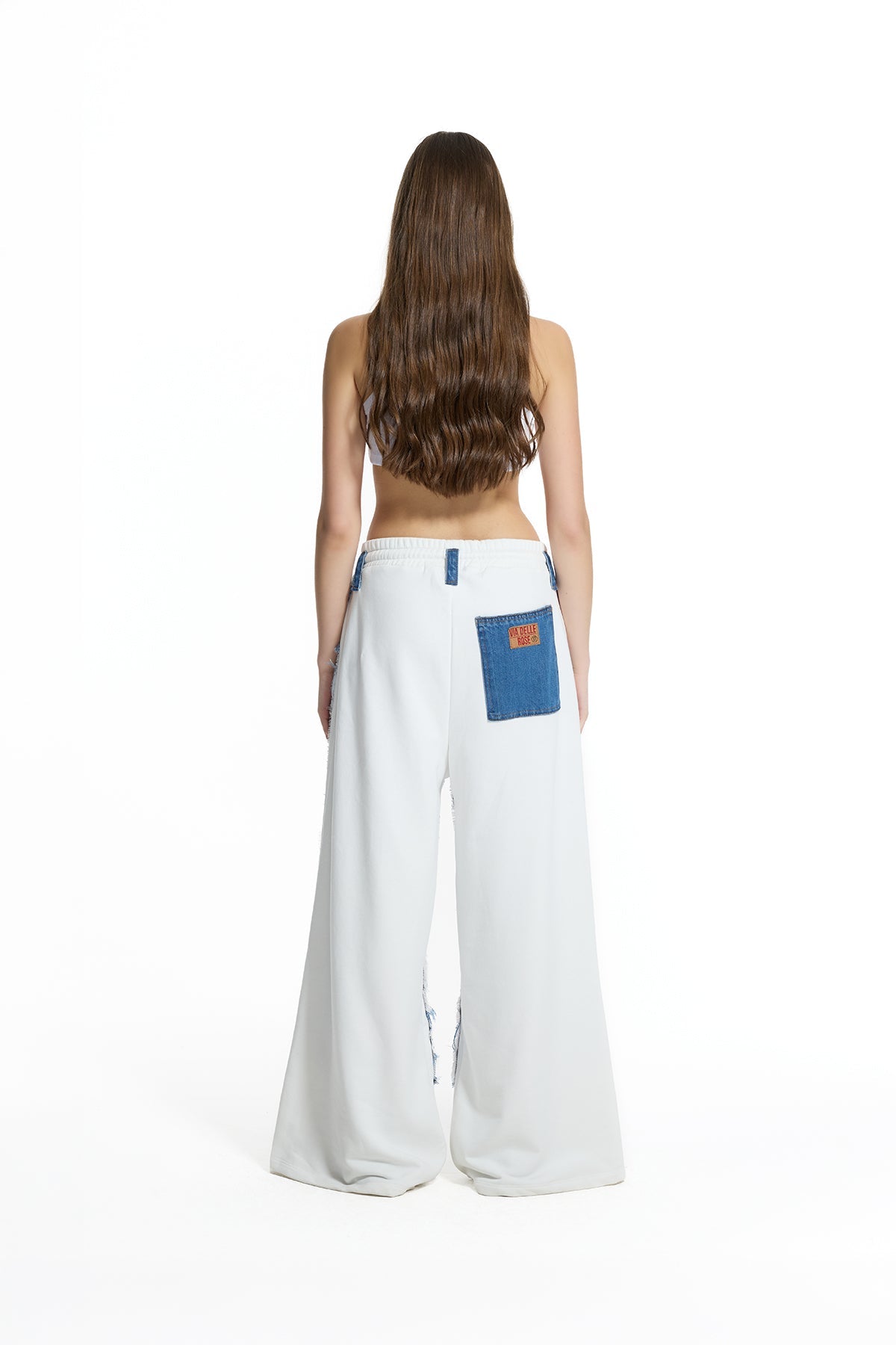 Blue Off White Contrast Fabric Distressed Denim Wide Leg Trousers 19062