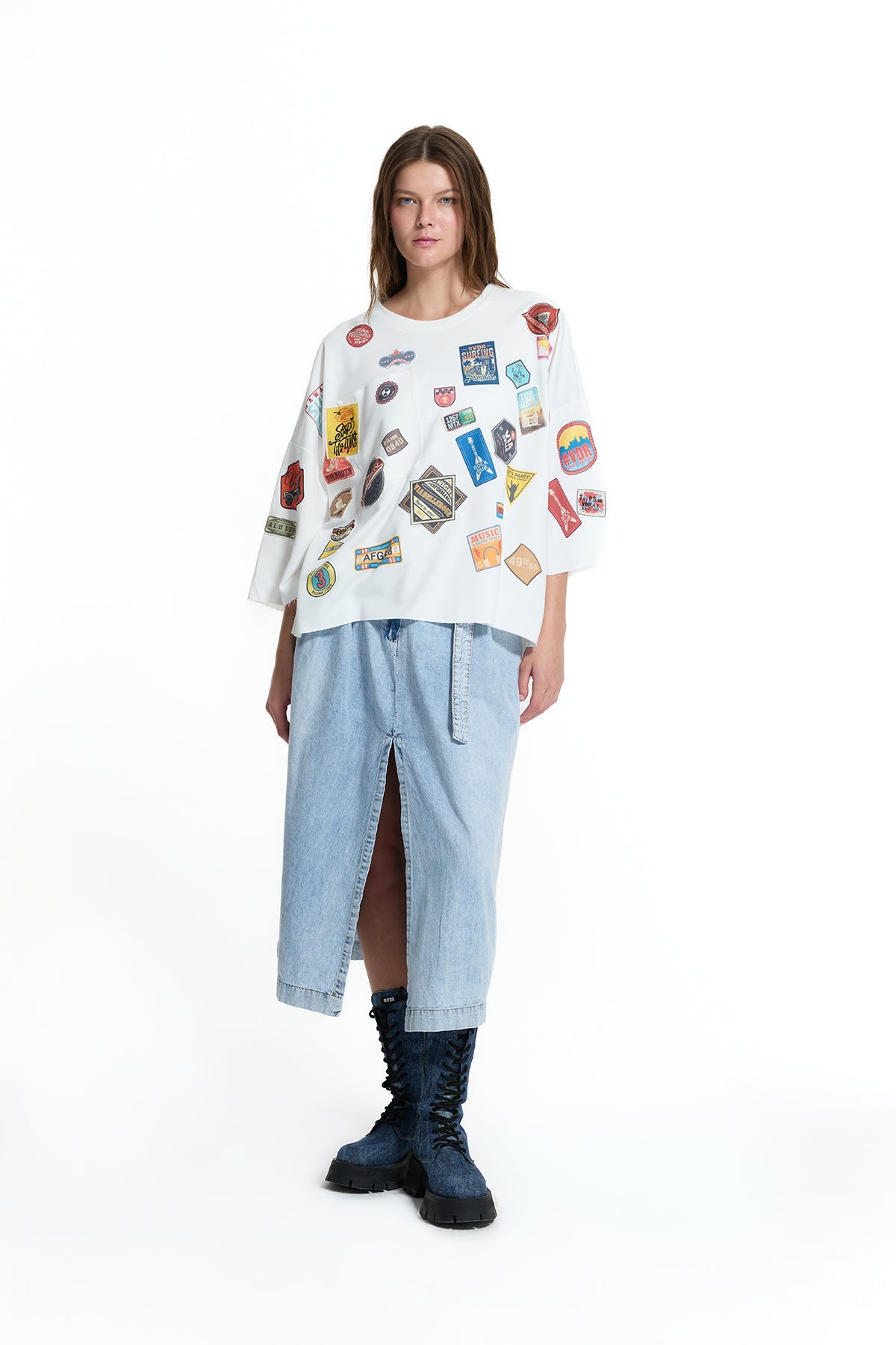 White Patch Detail Oversize Half Sleeve Sweatshirt 19074