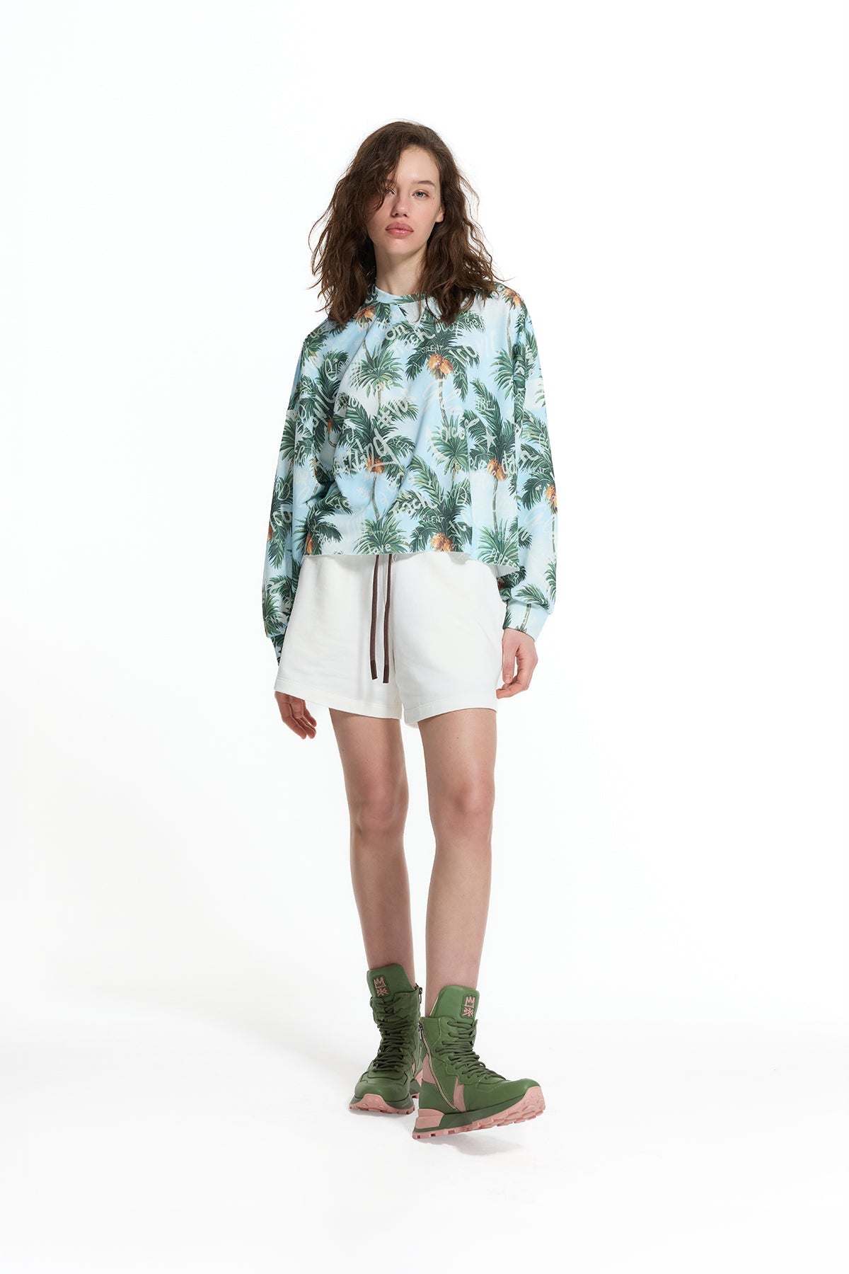 Blue Green Palm Print Cropped Sweatshirt 19077