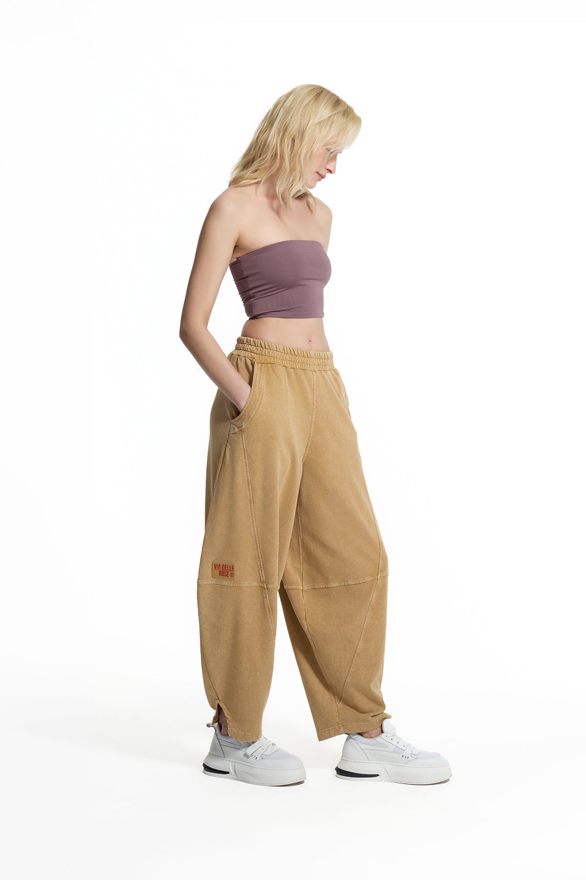 Biscuit Beige Panel Seam Detail Baggy Jogger Trousers 19088